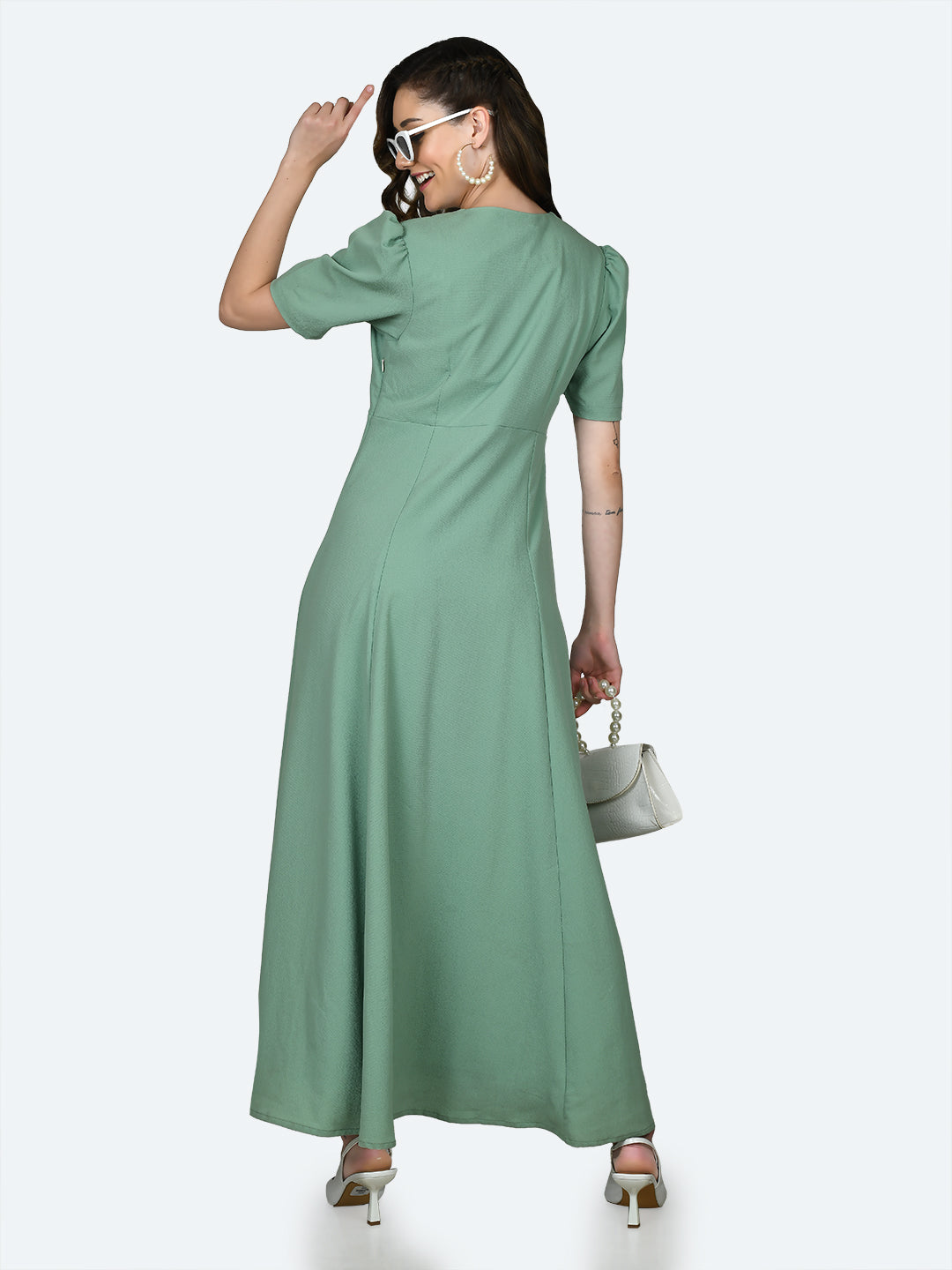 Green Solid Puff Sleeve Maxi Dress