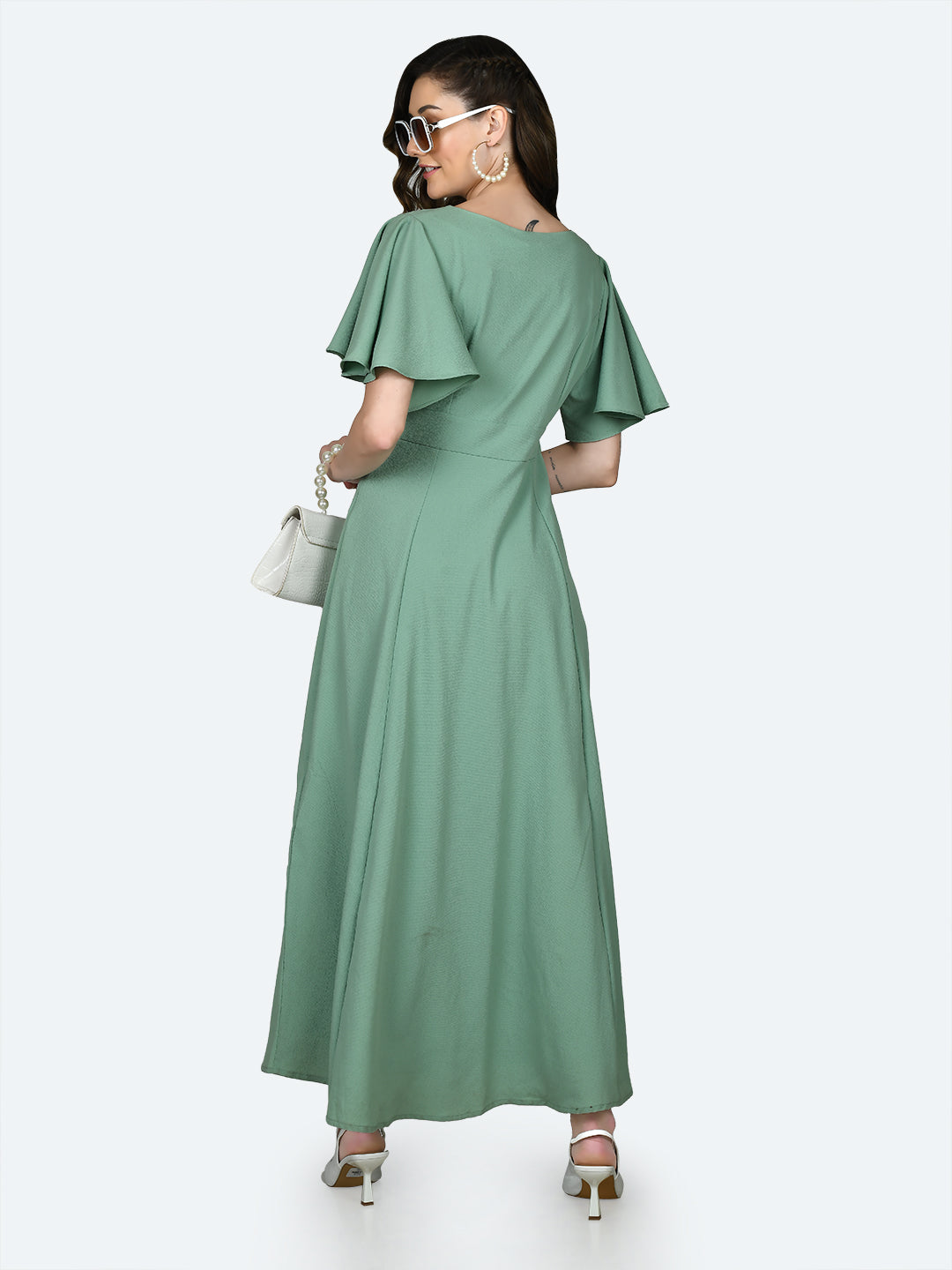 Green Solid Puff Sleeve Maxi Dress