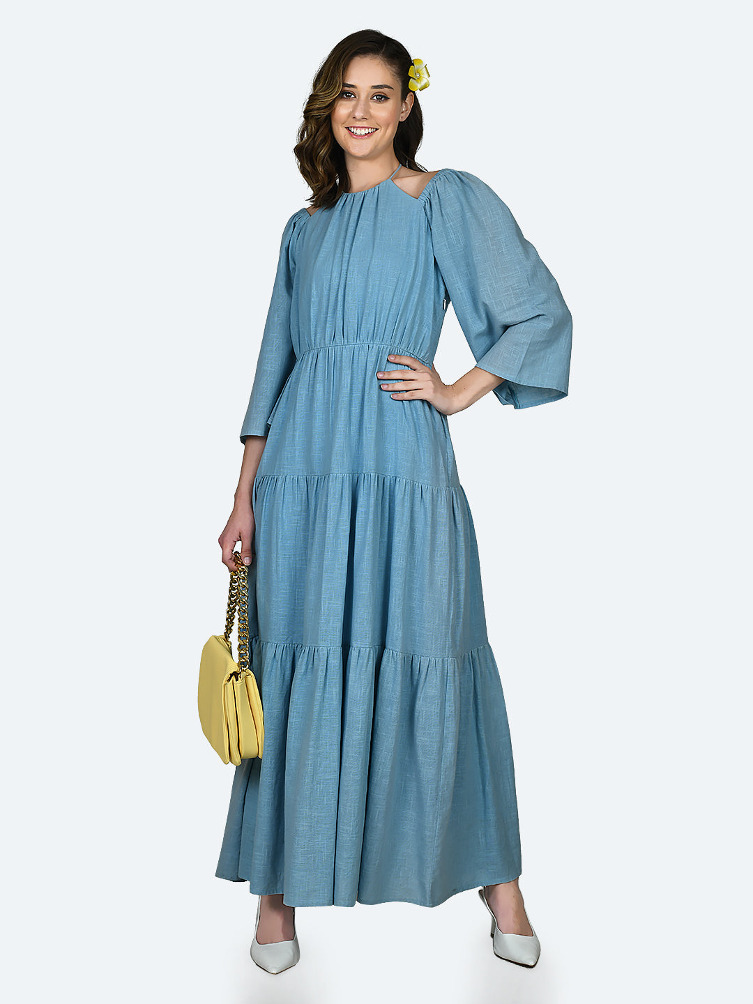 Blue Self Design Tiered Maxi Dress