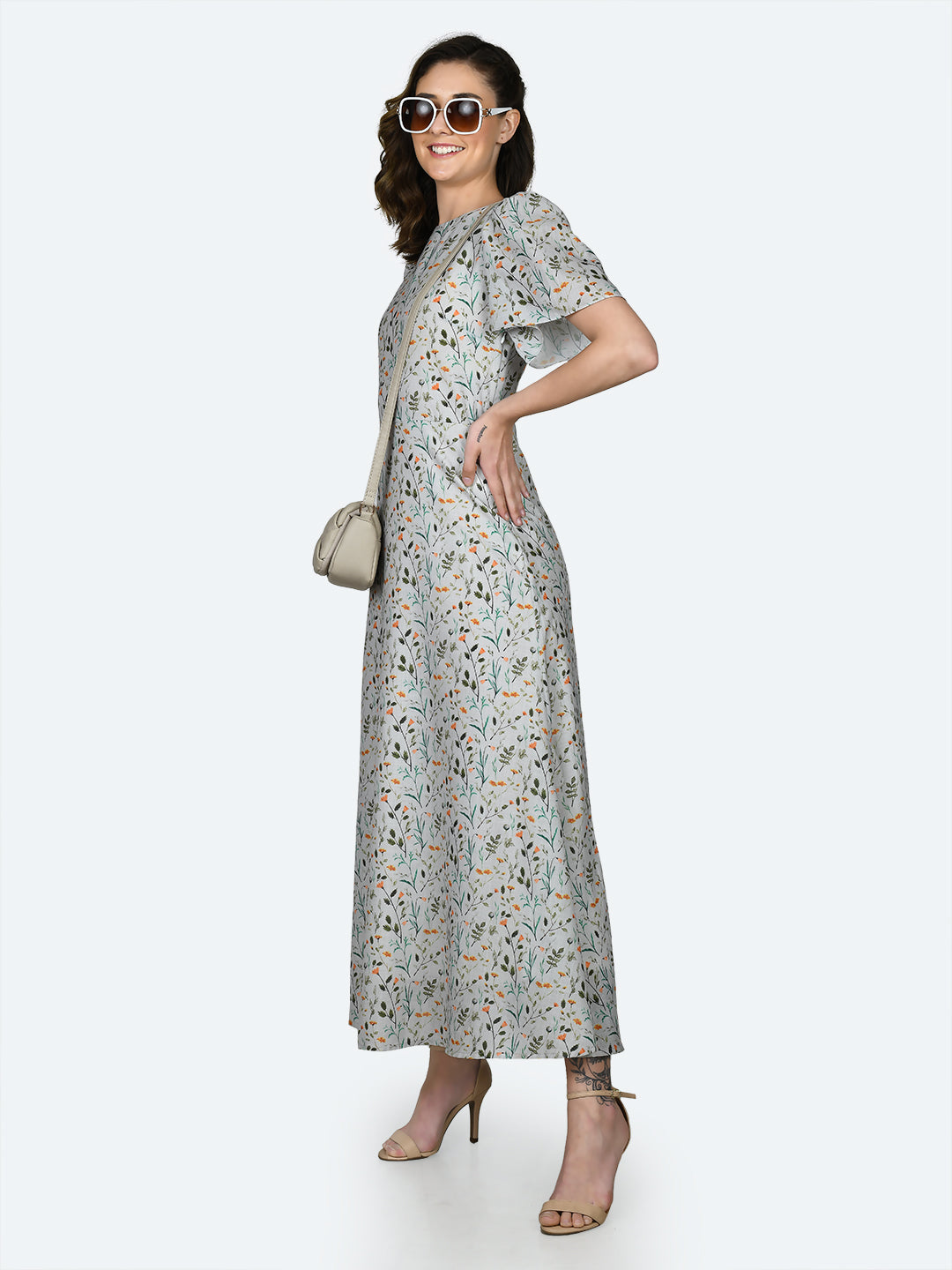 White Printed Puff Sleeve Maxi Dress