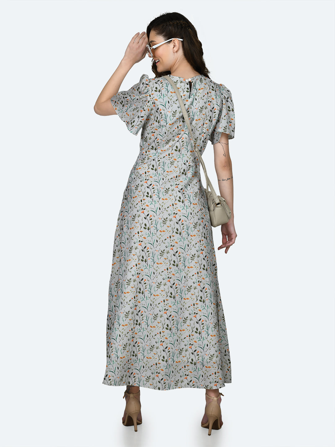 White Printed Puff Sleeve Maxi Dress