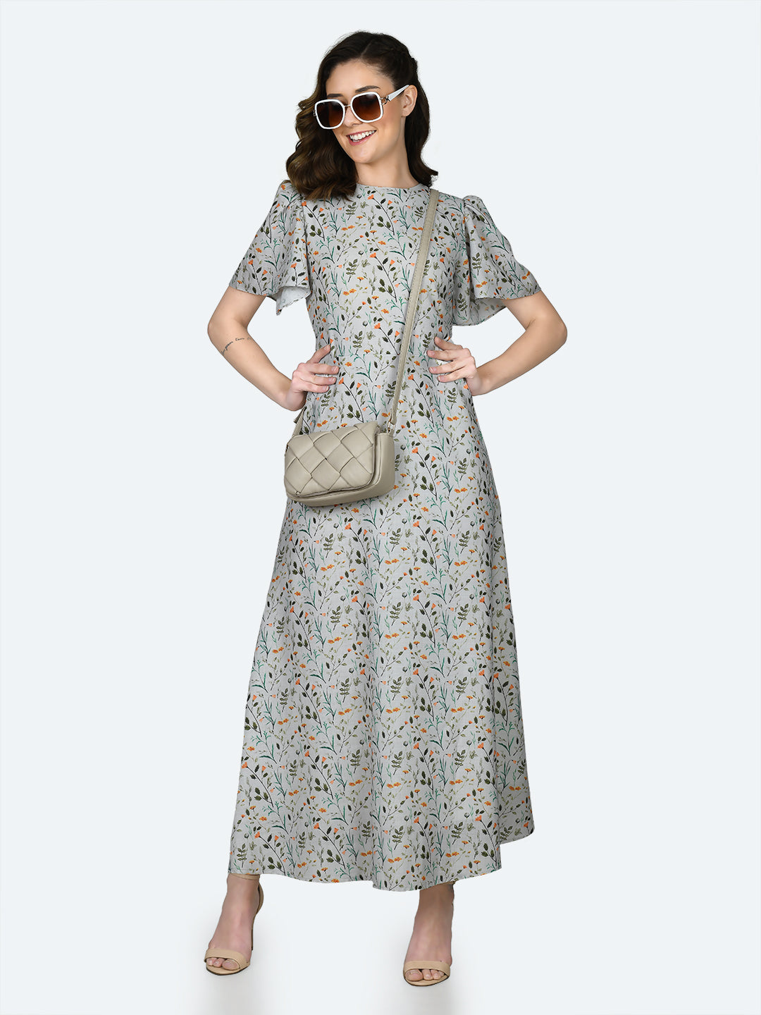 White Printed Puff Sleeve Maxi Dress For Women