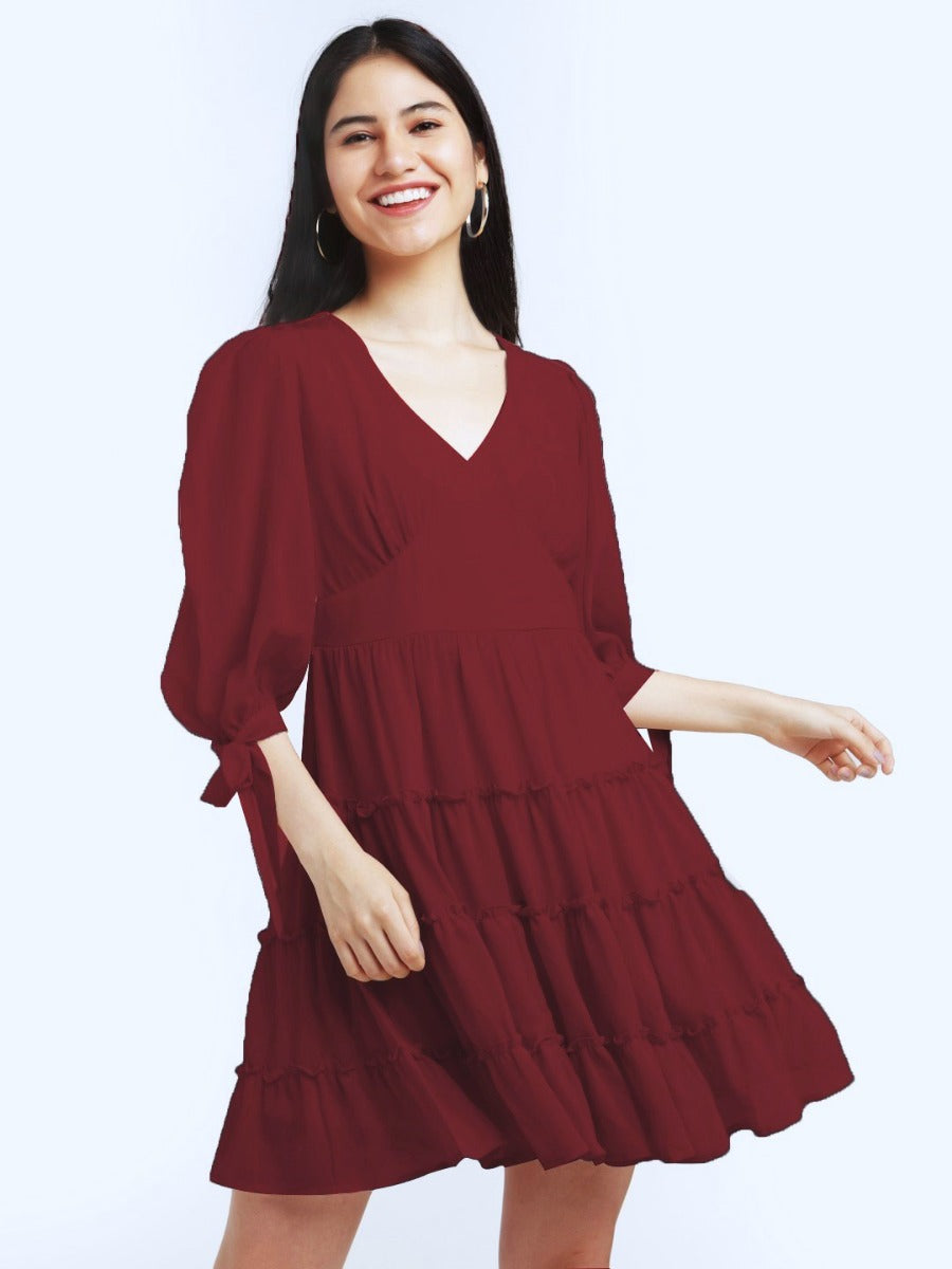 Maroon Solid Short Dress