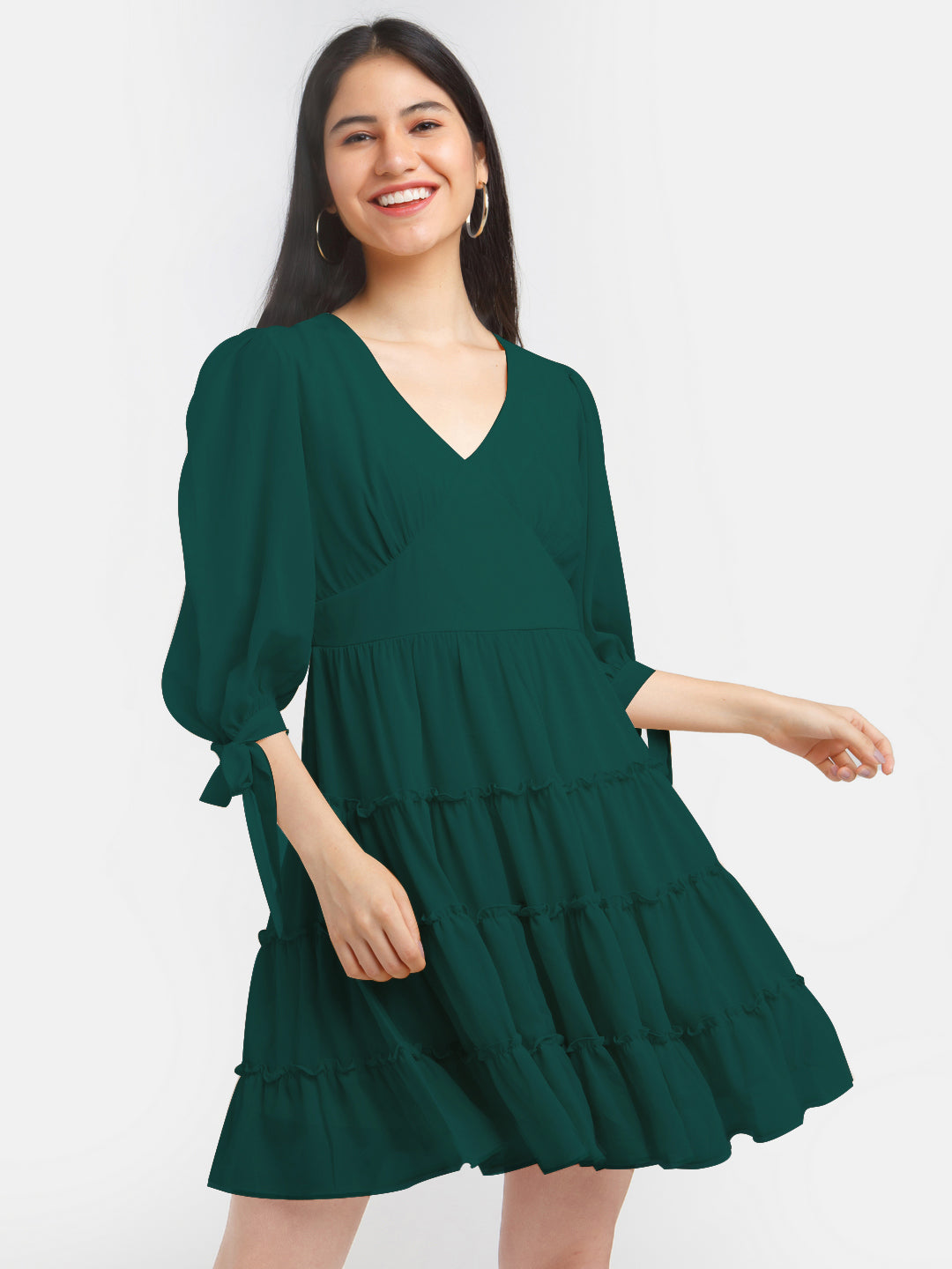Green Solid Short Dress for Women