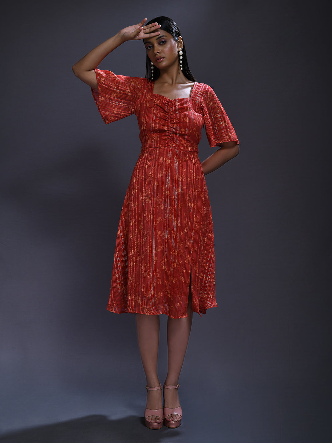 Rust Printed Midi Dress