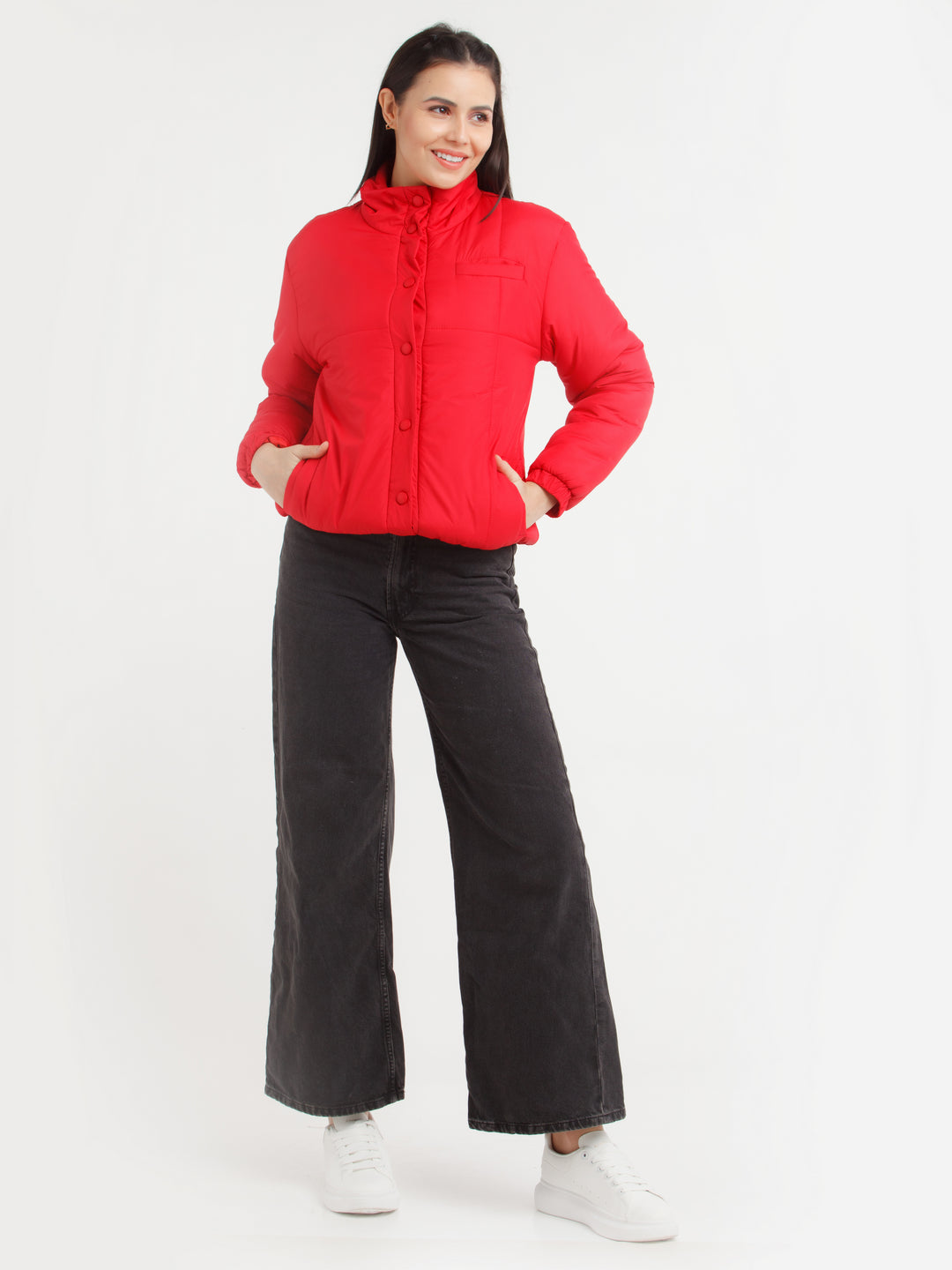 Red Solid Jacket For Women