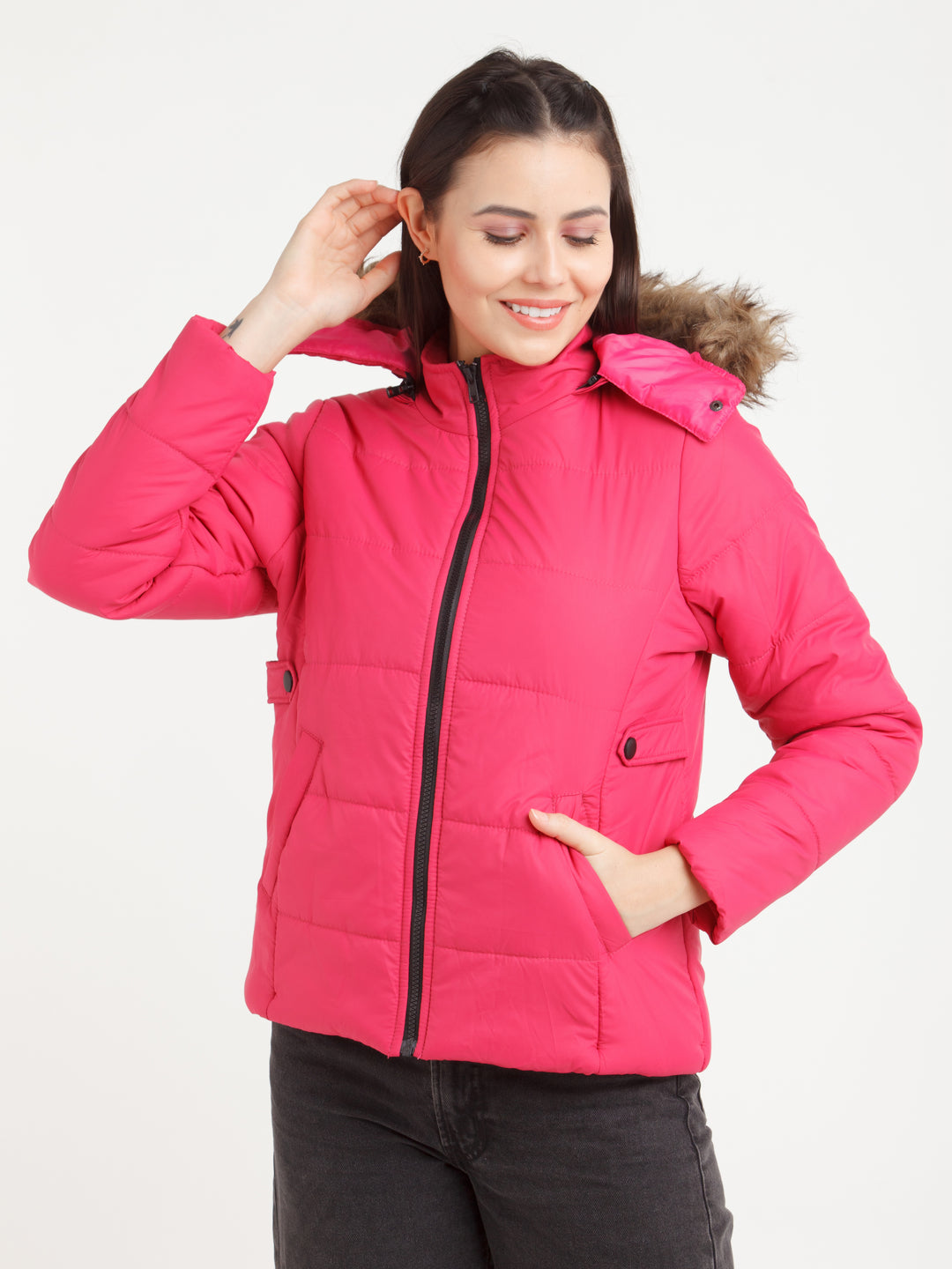 Red Solid Jacket For Women