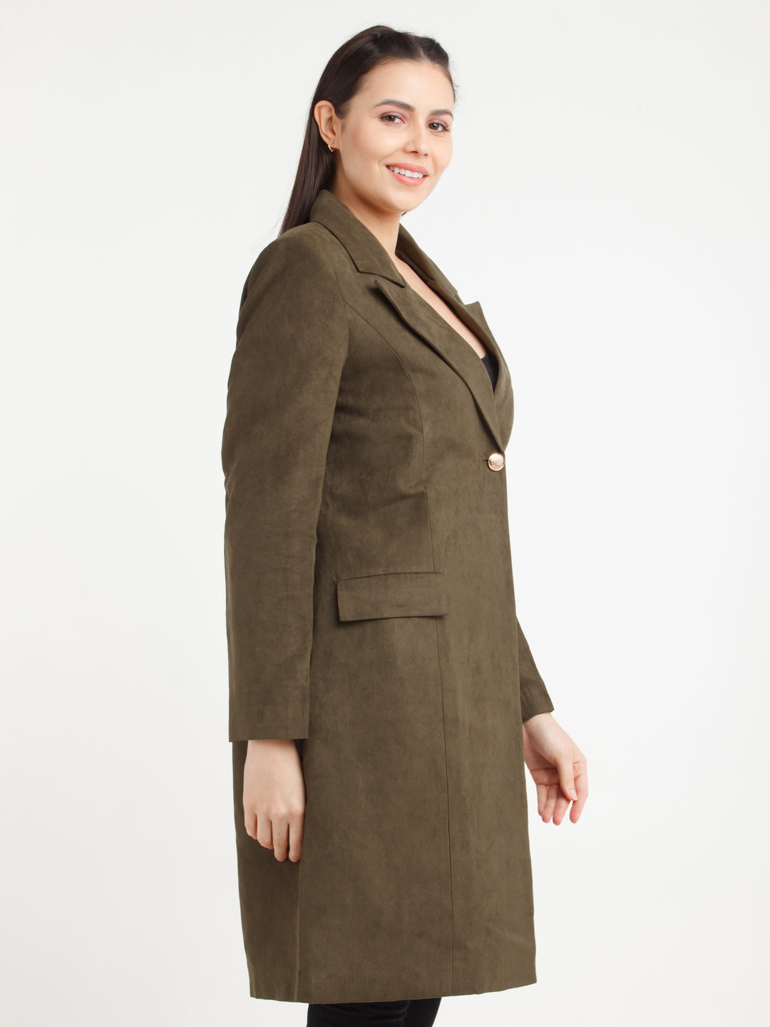 Olive Green Solid Jacket For Women