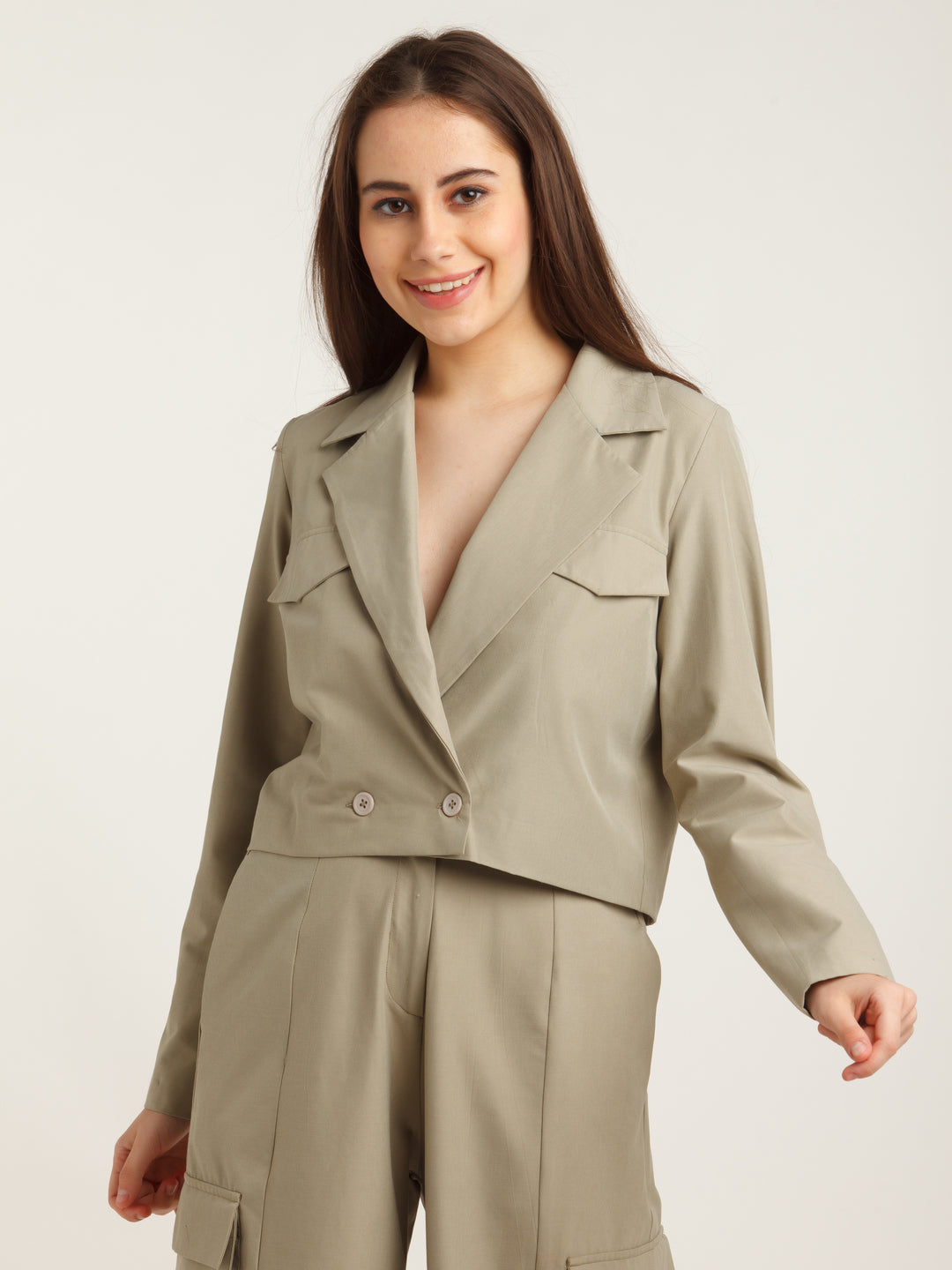 Grey Solid Fitted Blazer For Women