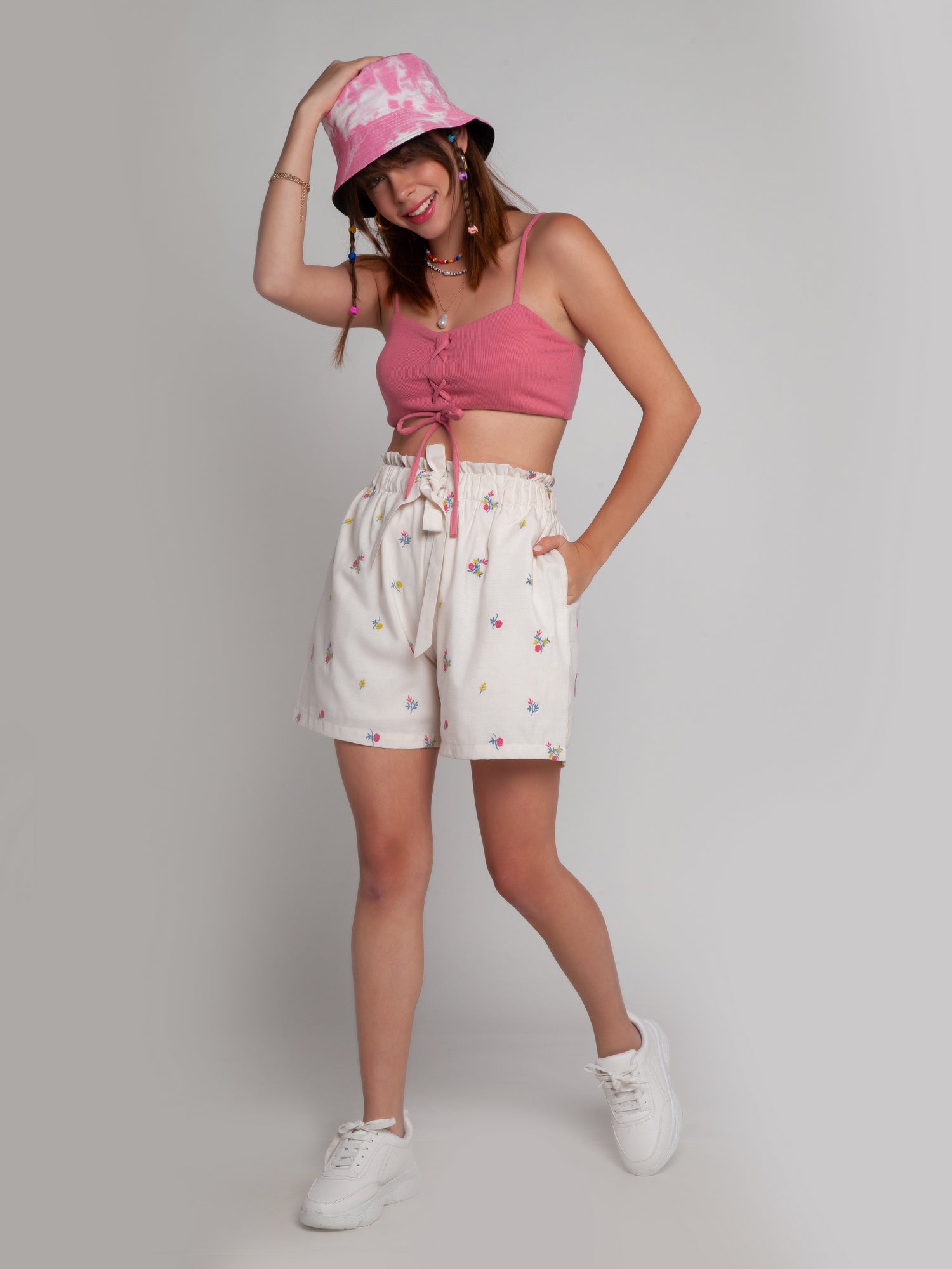 White Embroidered Elasticated Shorts