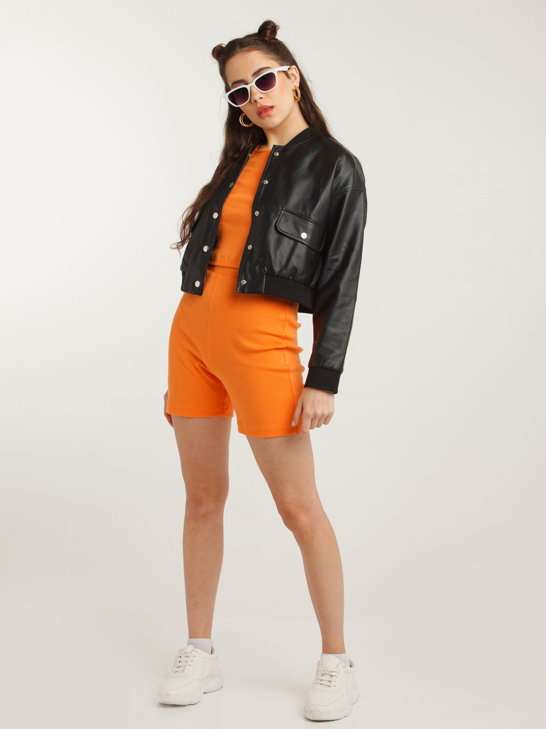 Orange Solid Fitted Shorts For Women