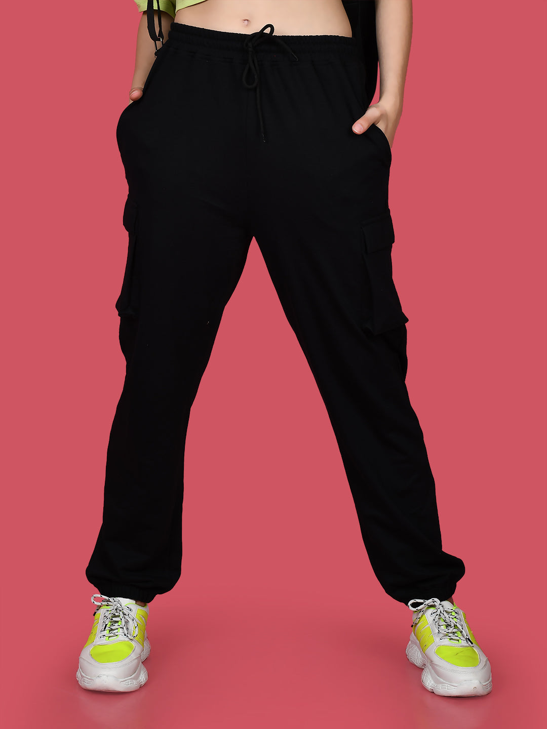 Black Solid Elasticated Joggers For Women
