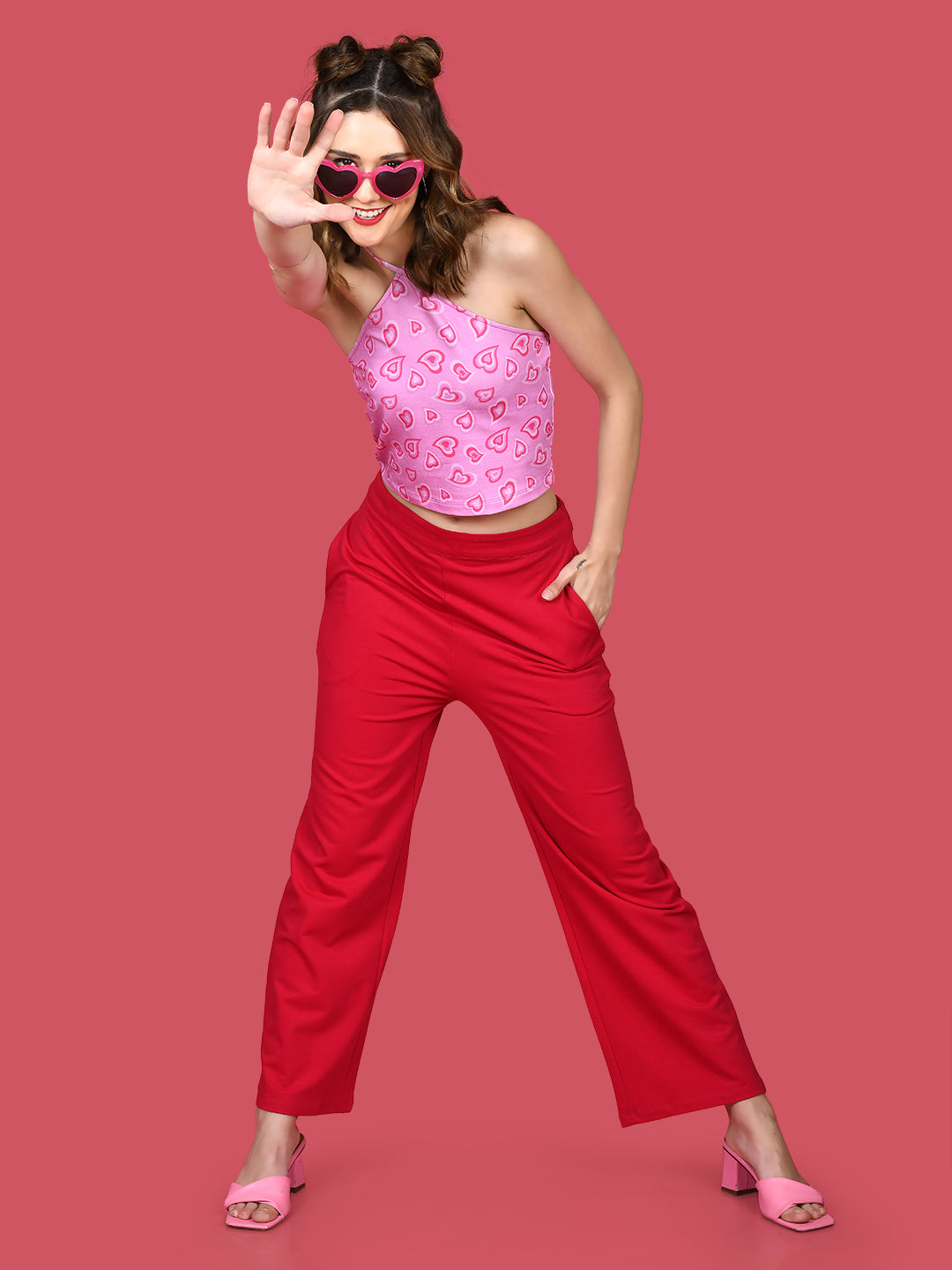 Red Solid Wide Leg Trousers