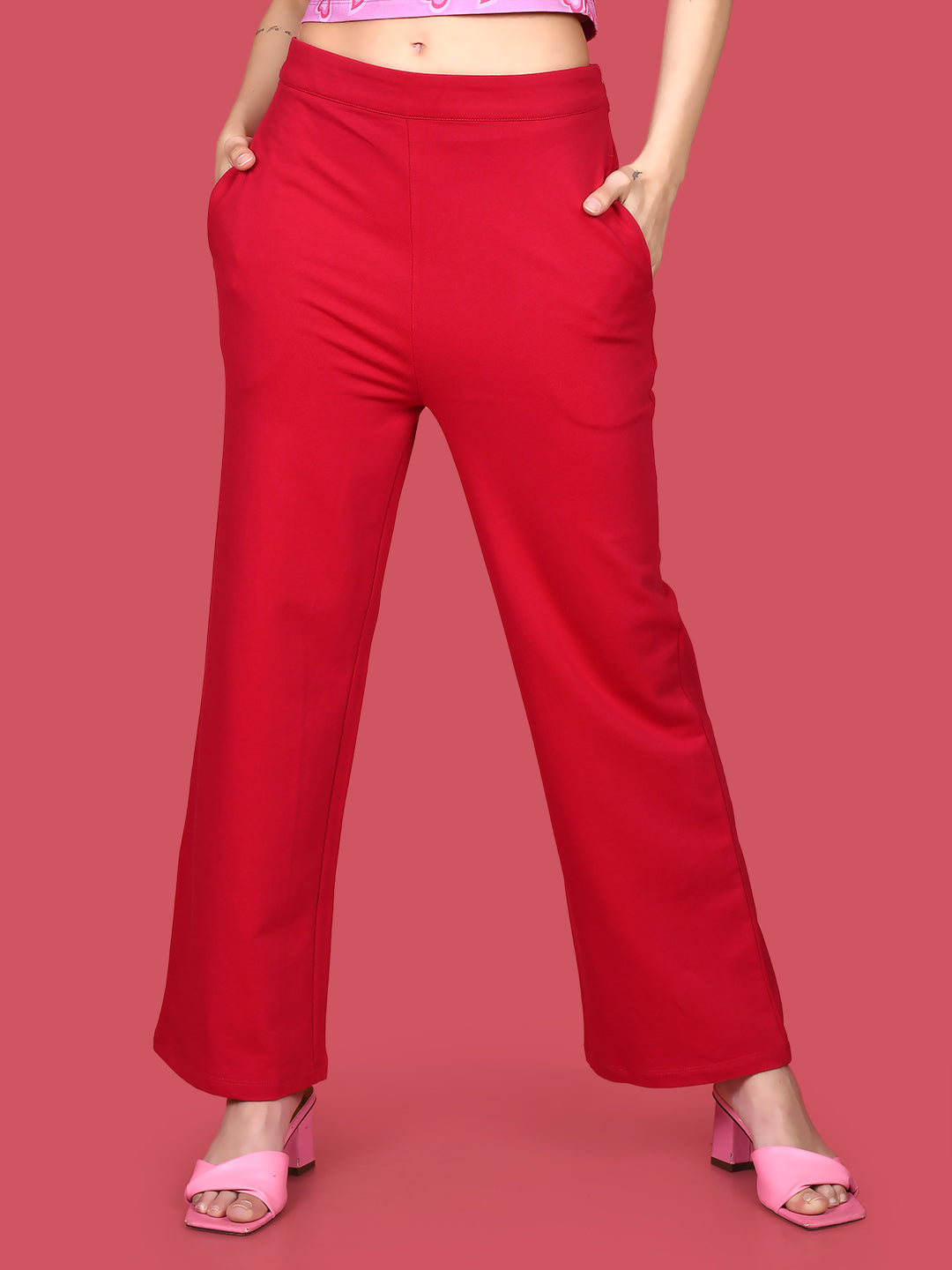Red Solid Wide Leg Trousers
