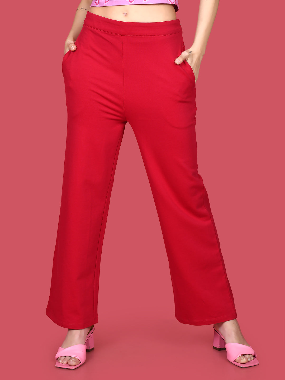 Red Solid Wide Leg Trousers For Women