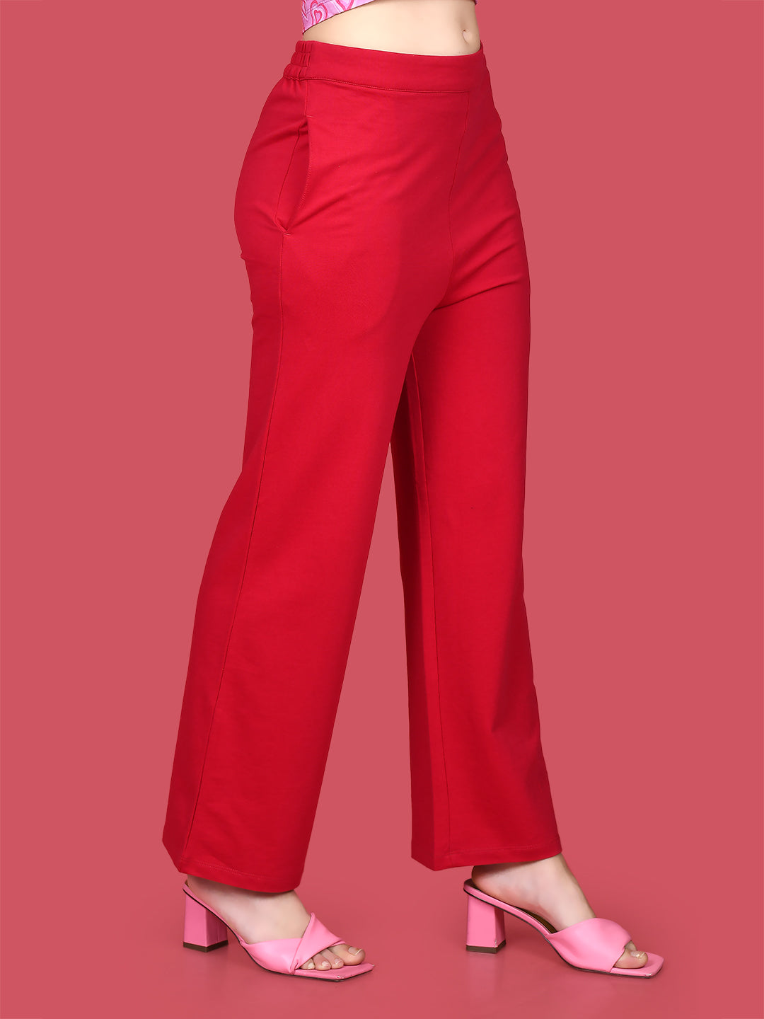 Red Solid Wide Leg Trousers For Women