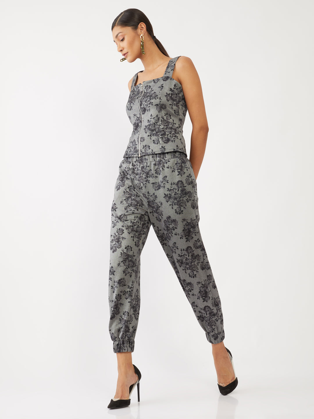 Grey Floral Print Joggers for Women
