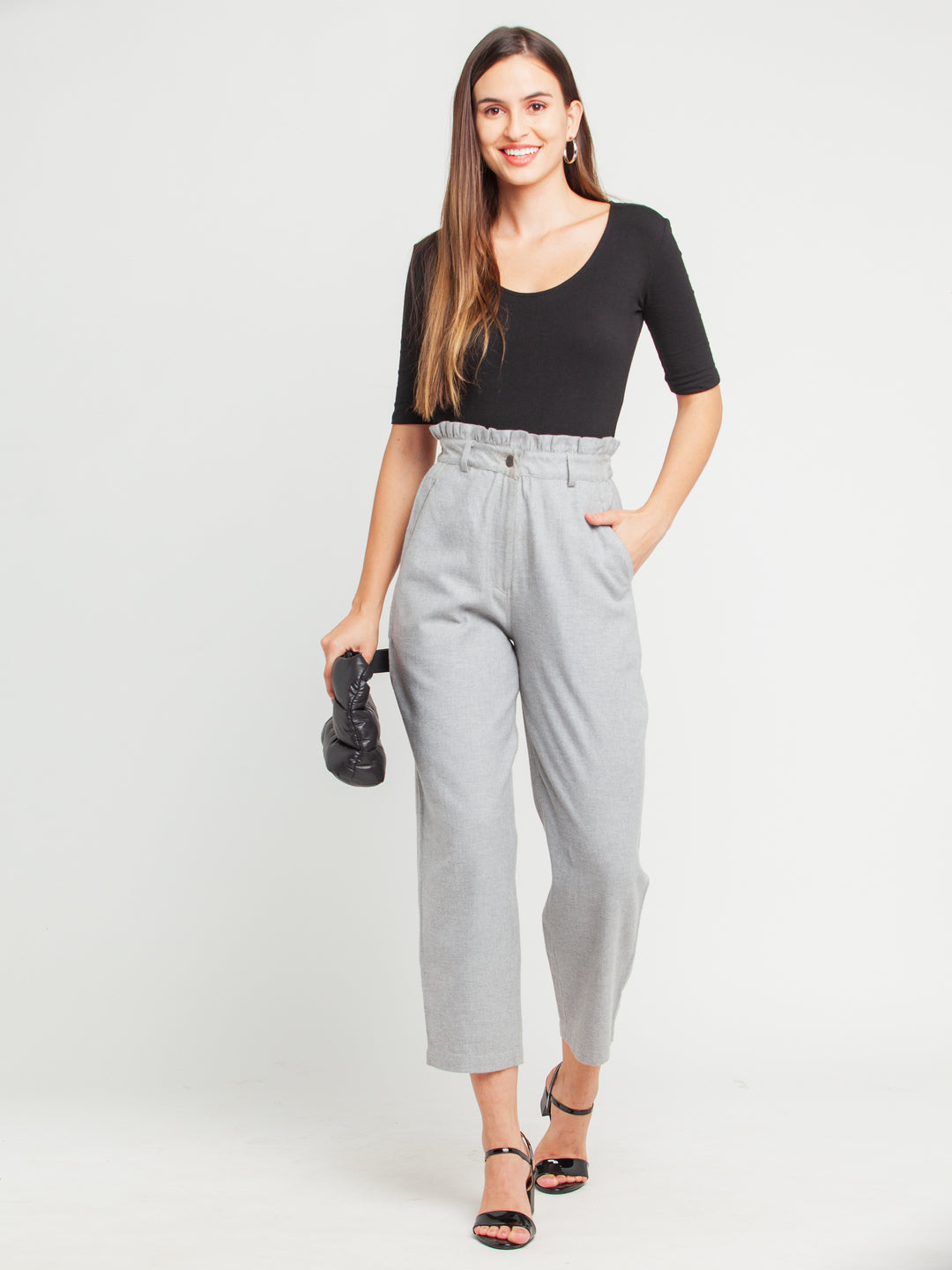 Grey Solid Ruffled Trouser