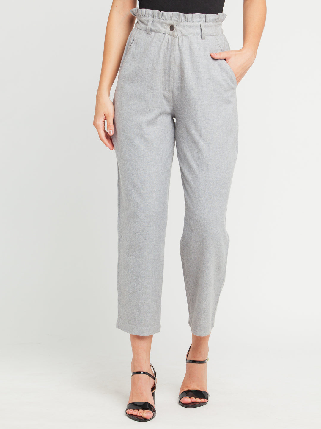 Grey Solid Ruffled Trouser