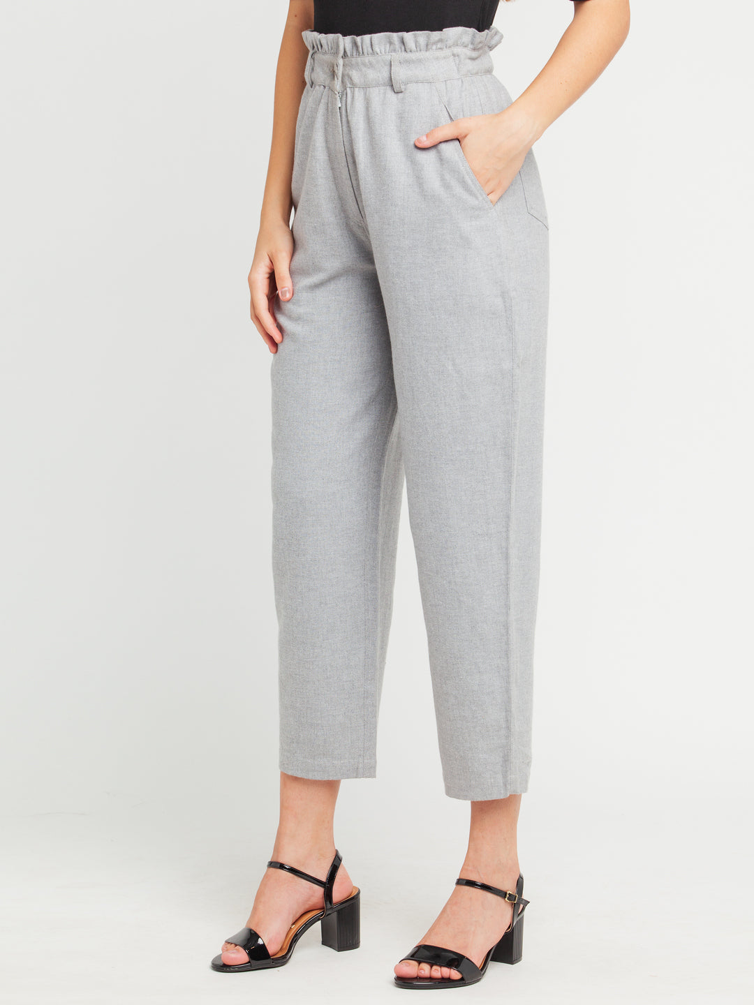 Grey Solid Ruffled Trouser