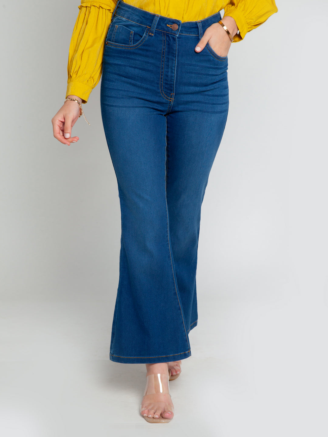 Blue Solid Wide Leg Jeans