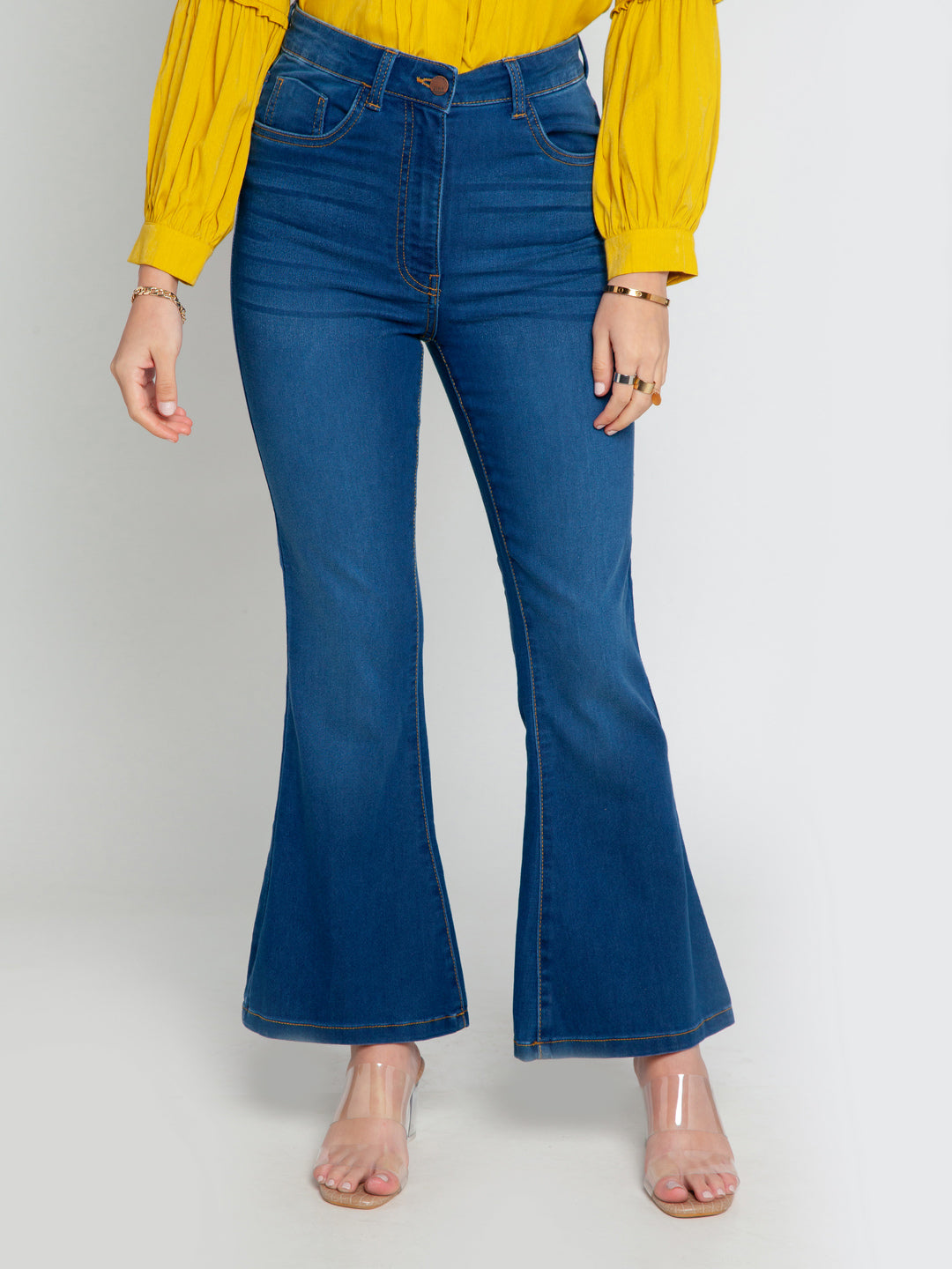 Blue Solid Wide Leg Jeans