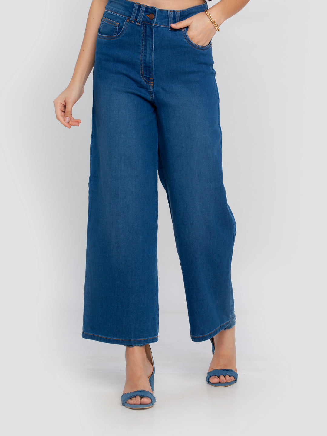 Blue Solid Wide Leg Jeans For Women