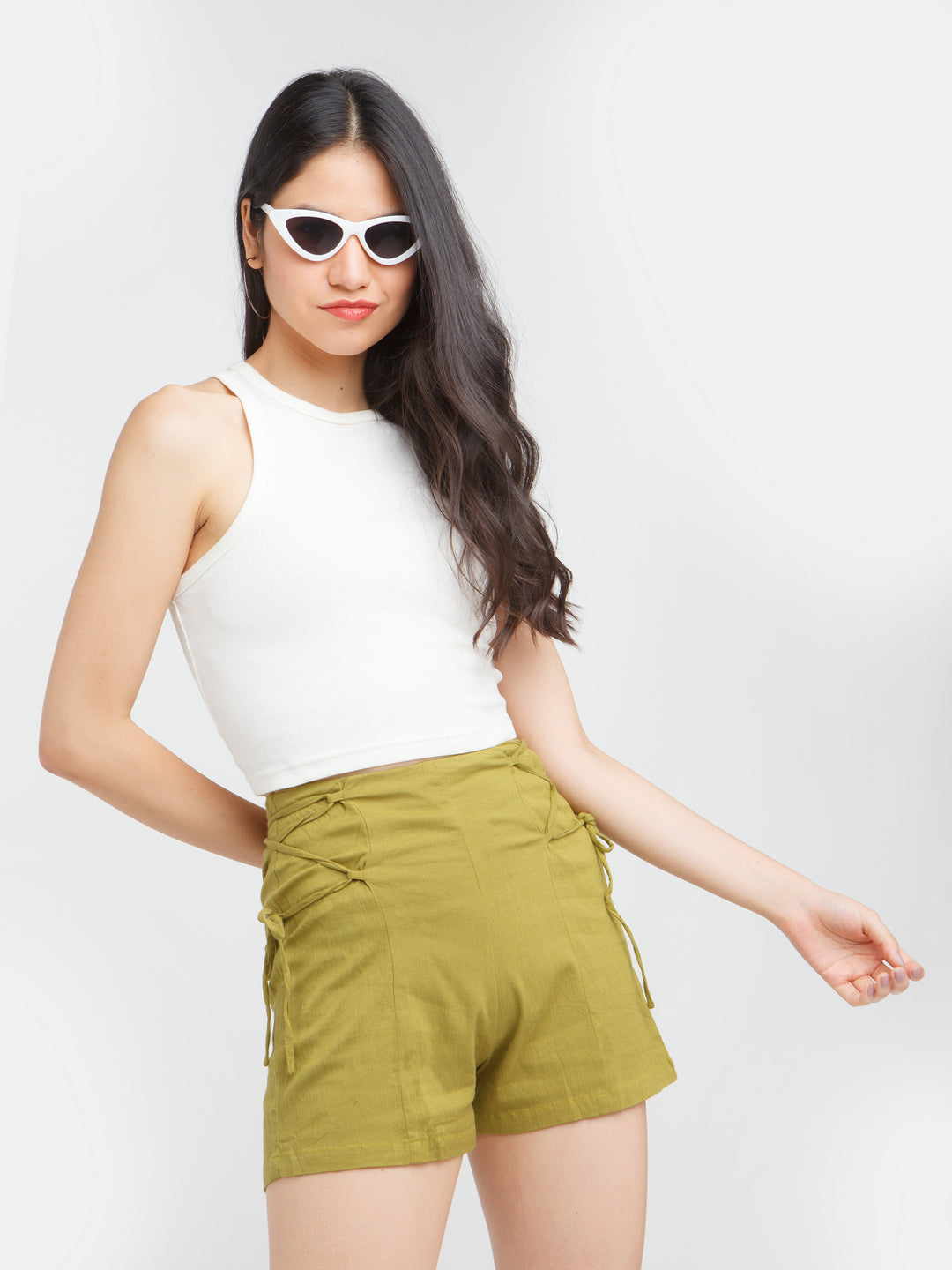 Women Denim solid Green Shorts