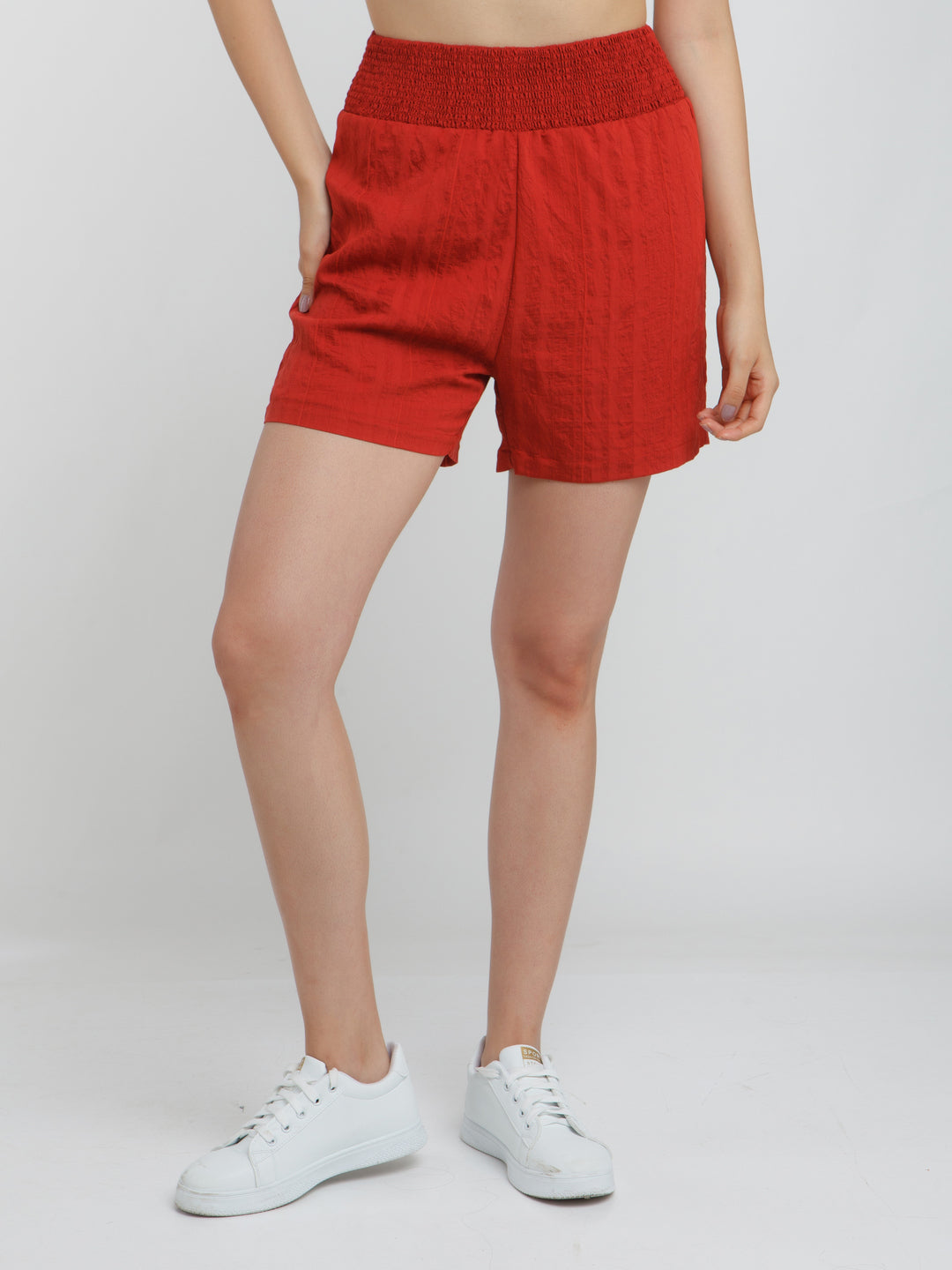 Red Solid Elasticated Shorts For Women