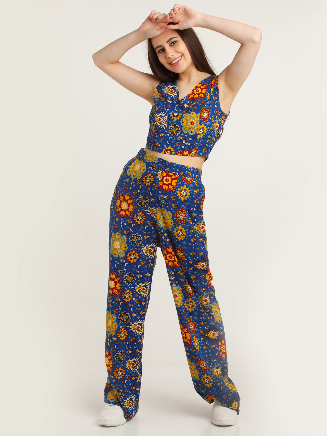 Blue Printed Elasticated Trouser