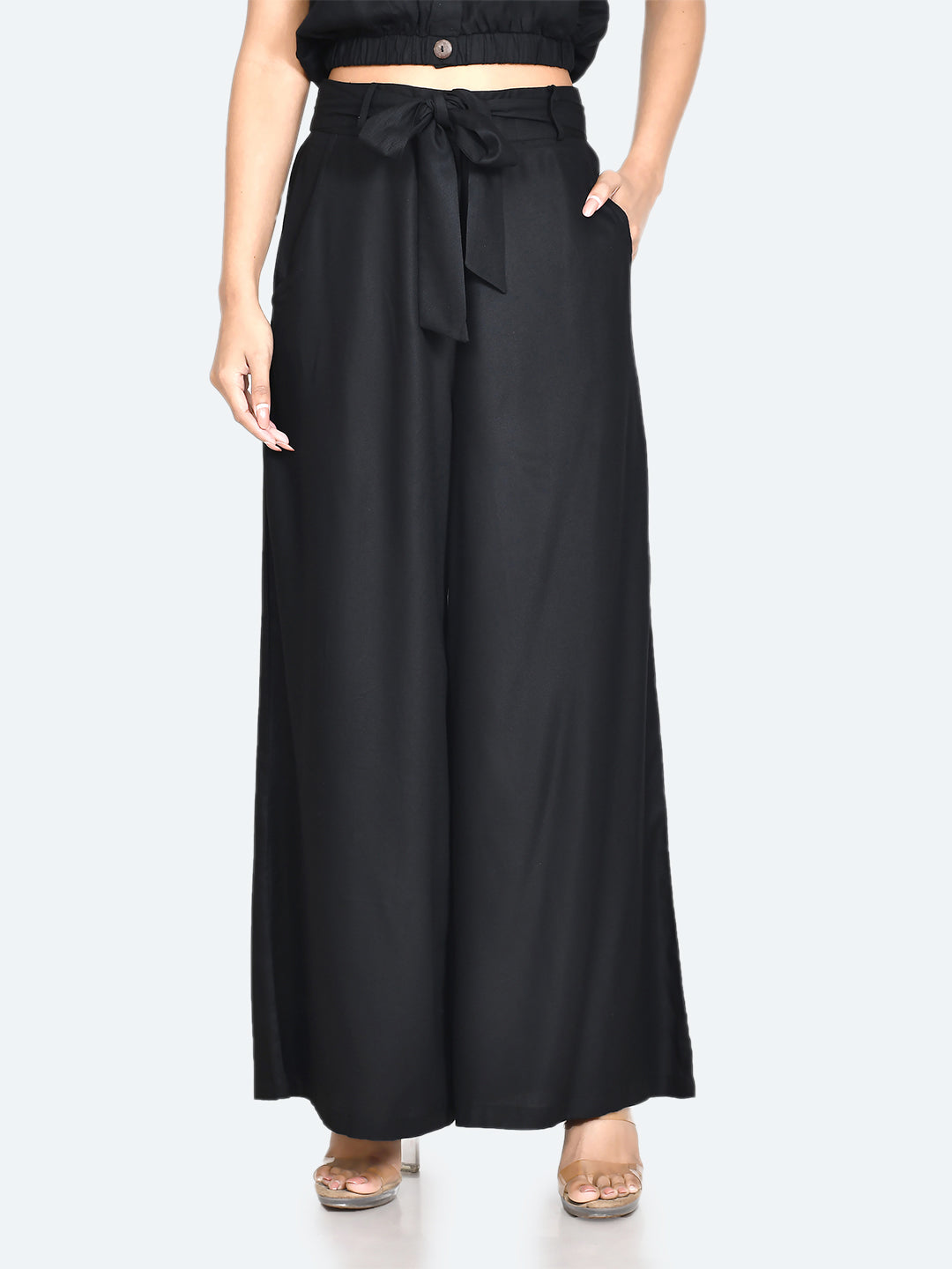 Black Solid Tie-Up Trouser