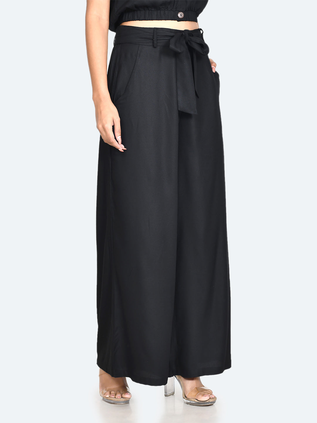 Black Solid Tie-Up Trouser