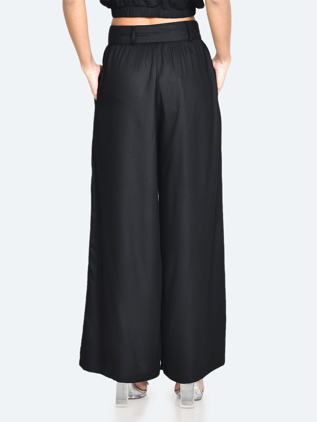 Black Solid Tie-Up Trouser