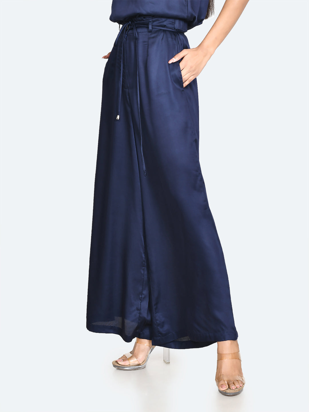 Blue Solid Wide Leg Trouser