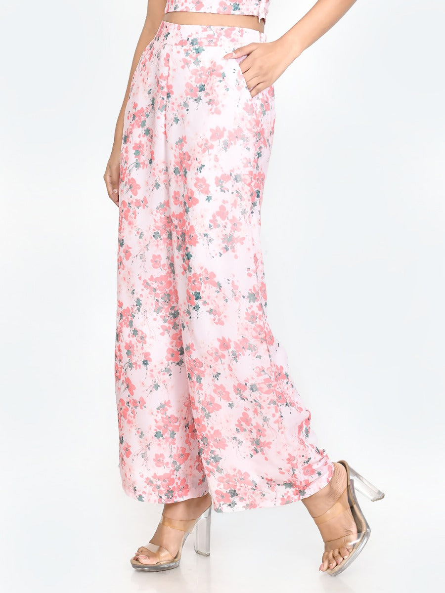 Pink Printed Wide Leg Trouser For Women