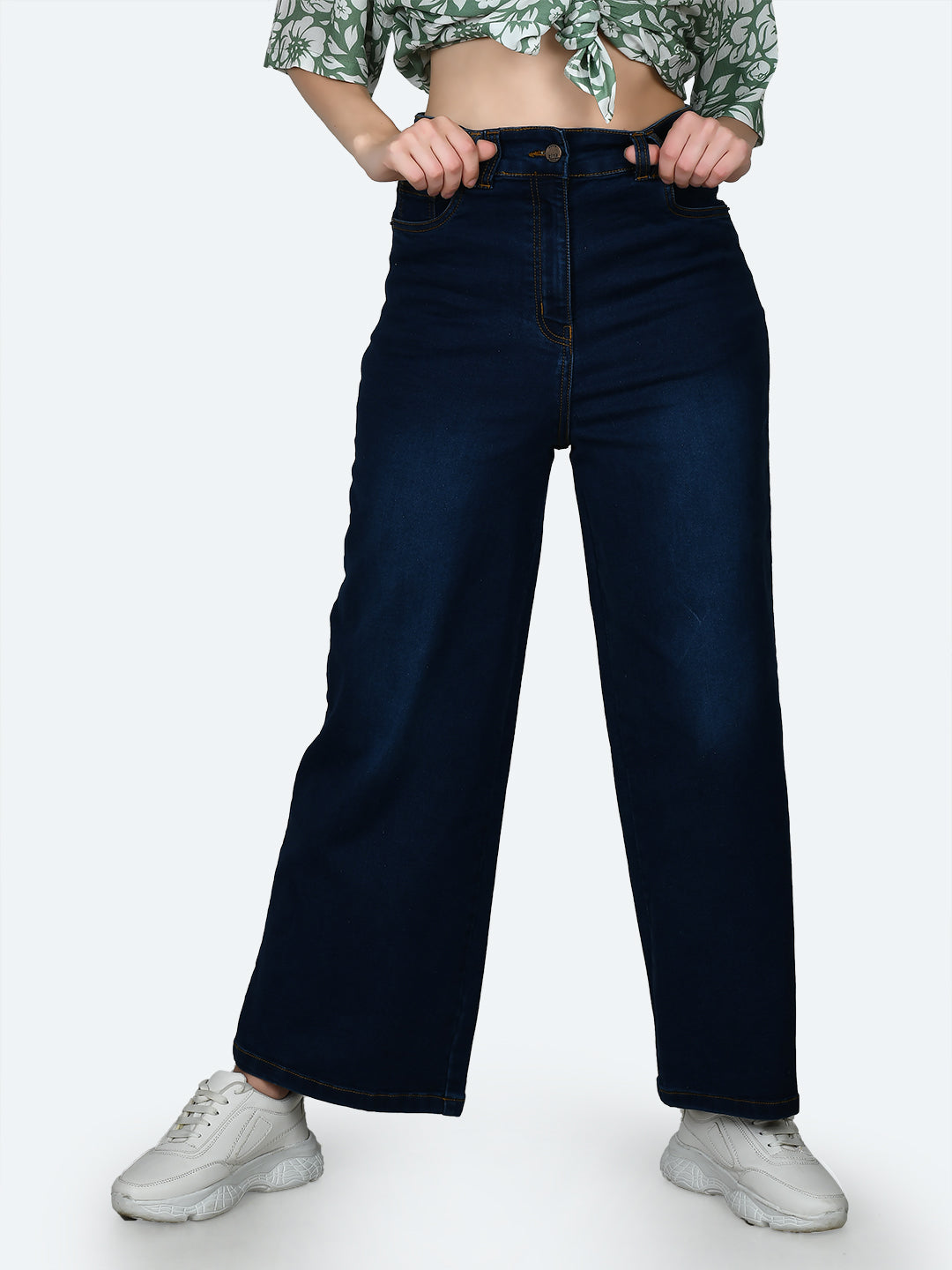 Blue Solid Wide Leg Jeans