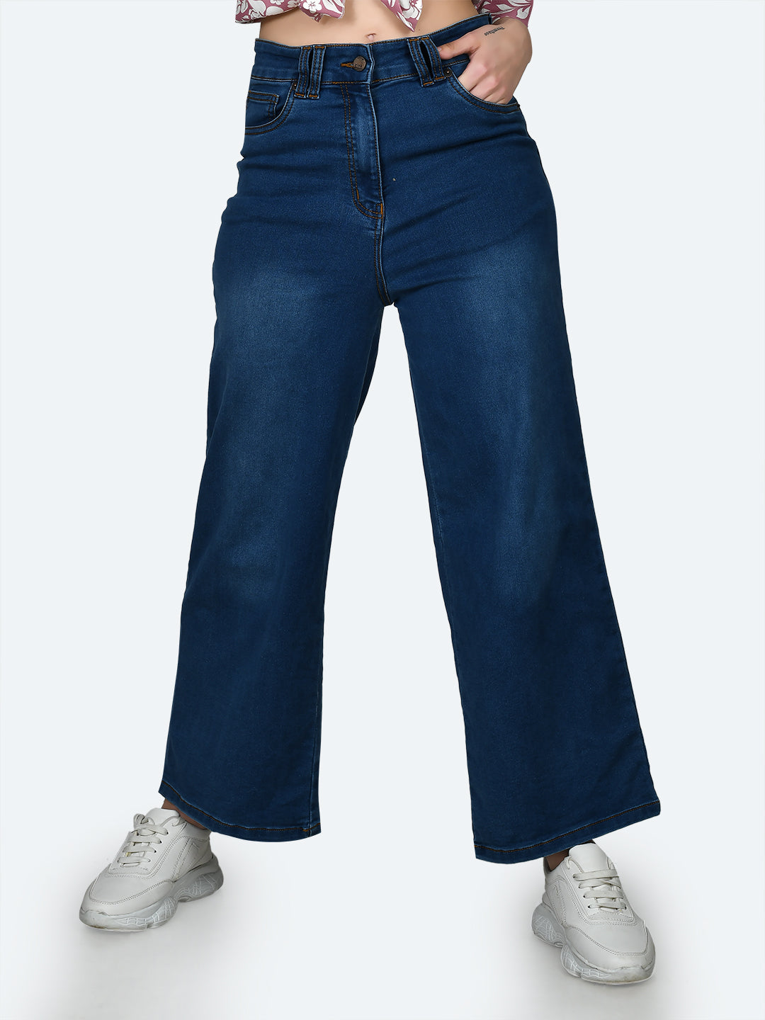 Blue Solid Wide Leg Jeans