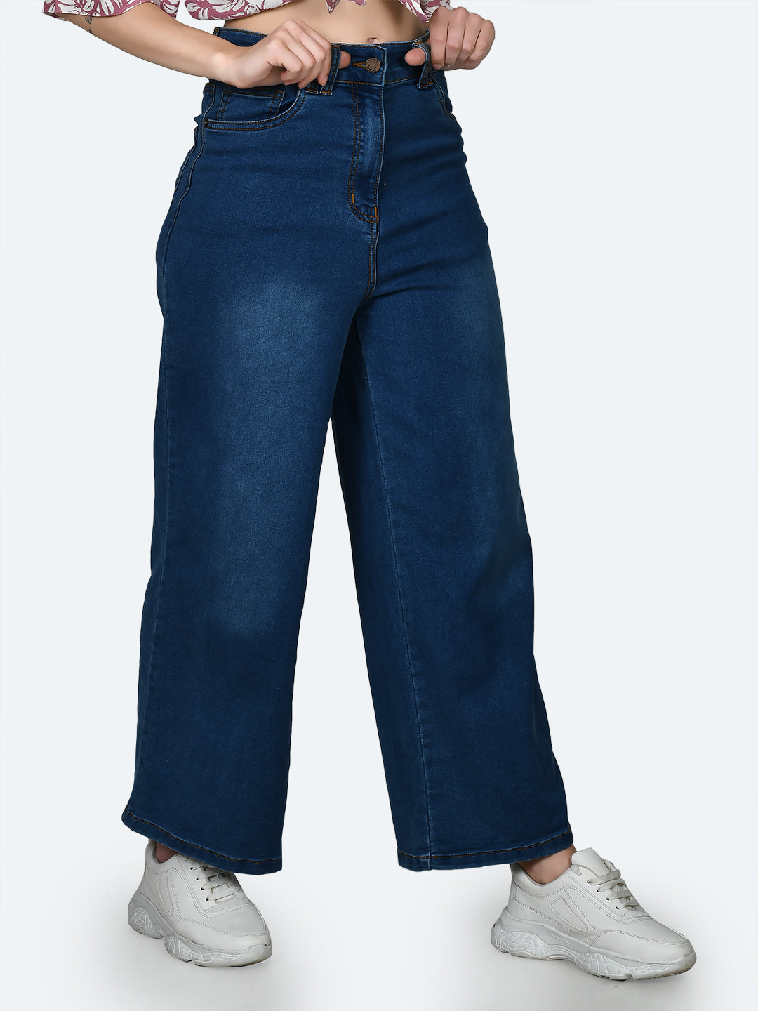 Blue Solid Wide Leg Jeans