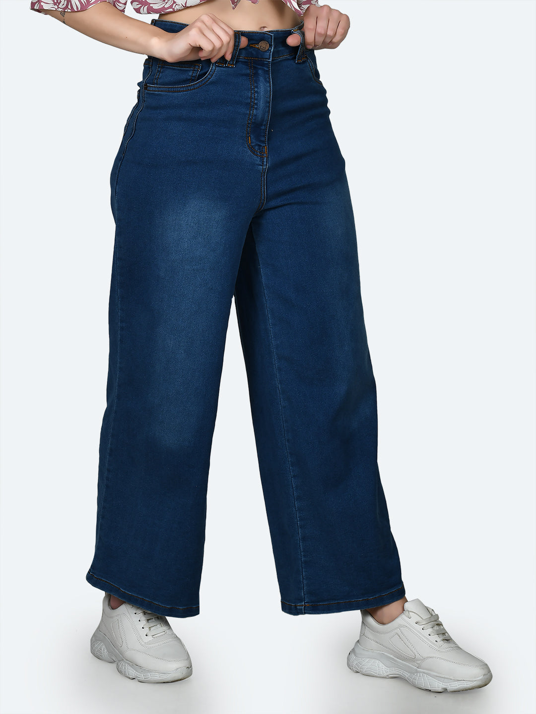 Blue Solid Wide Leg Jeans For Women
