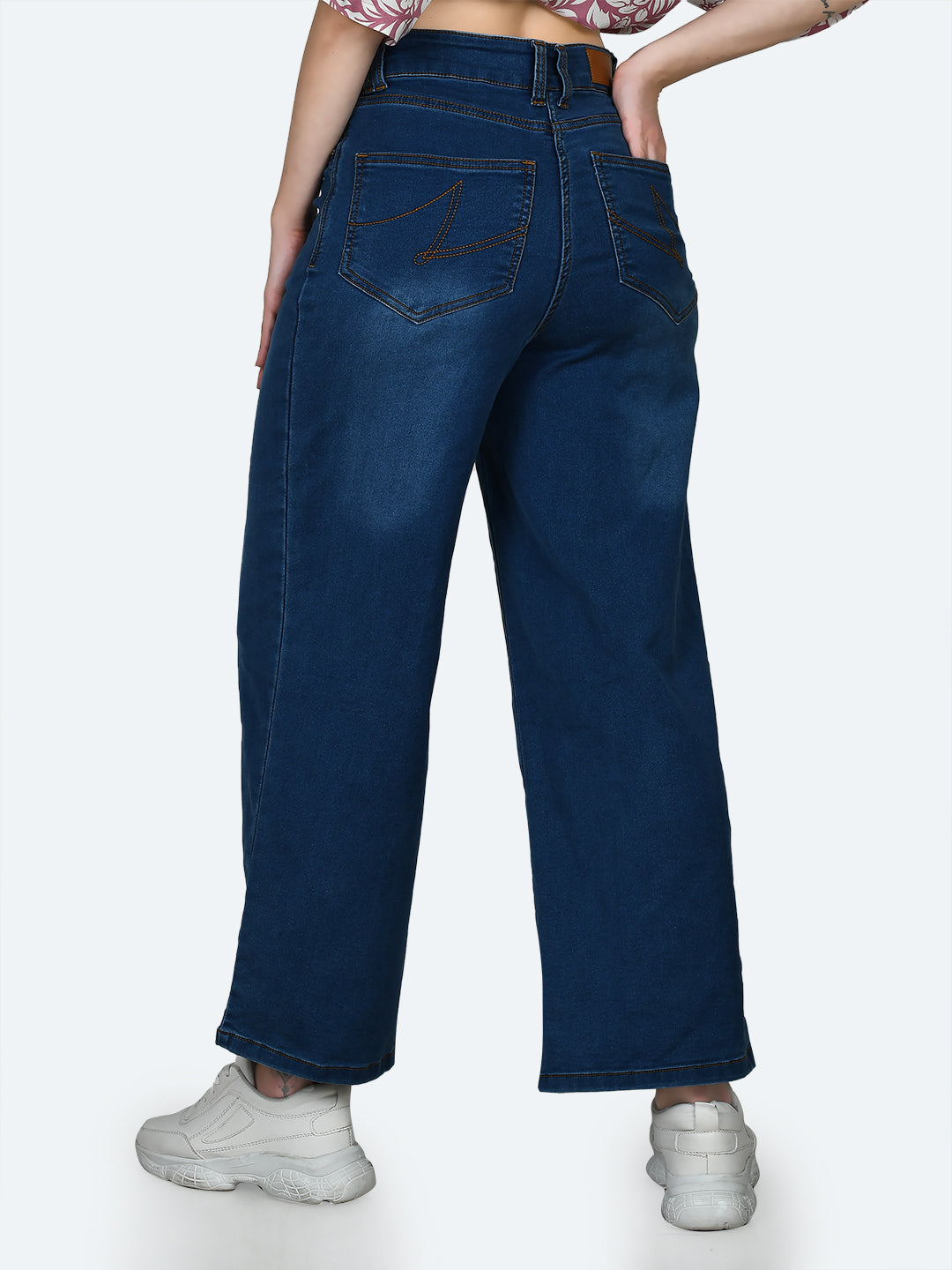 Blue Solid Wide Leg Jeans