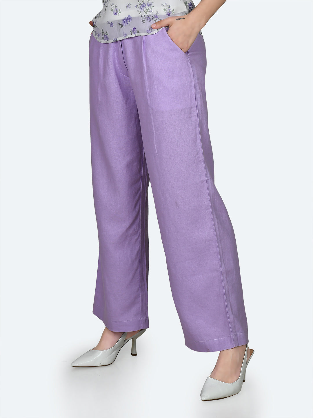 Purple Solid Wide Leg Trousers