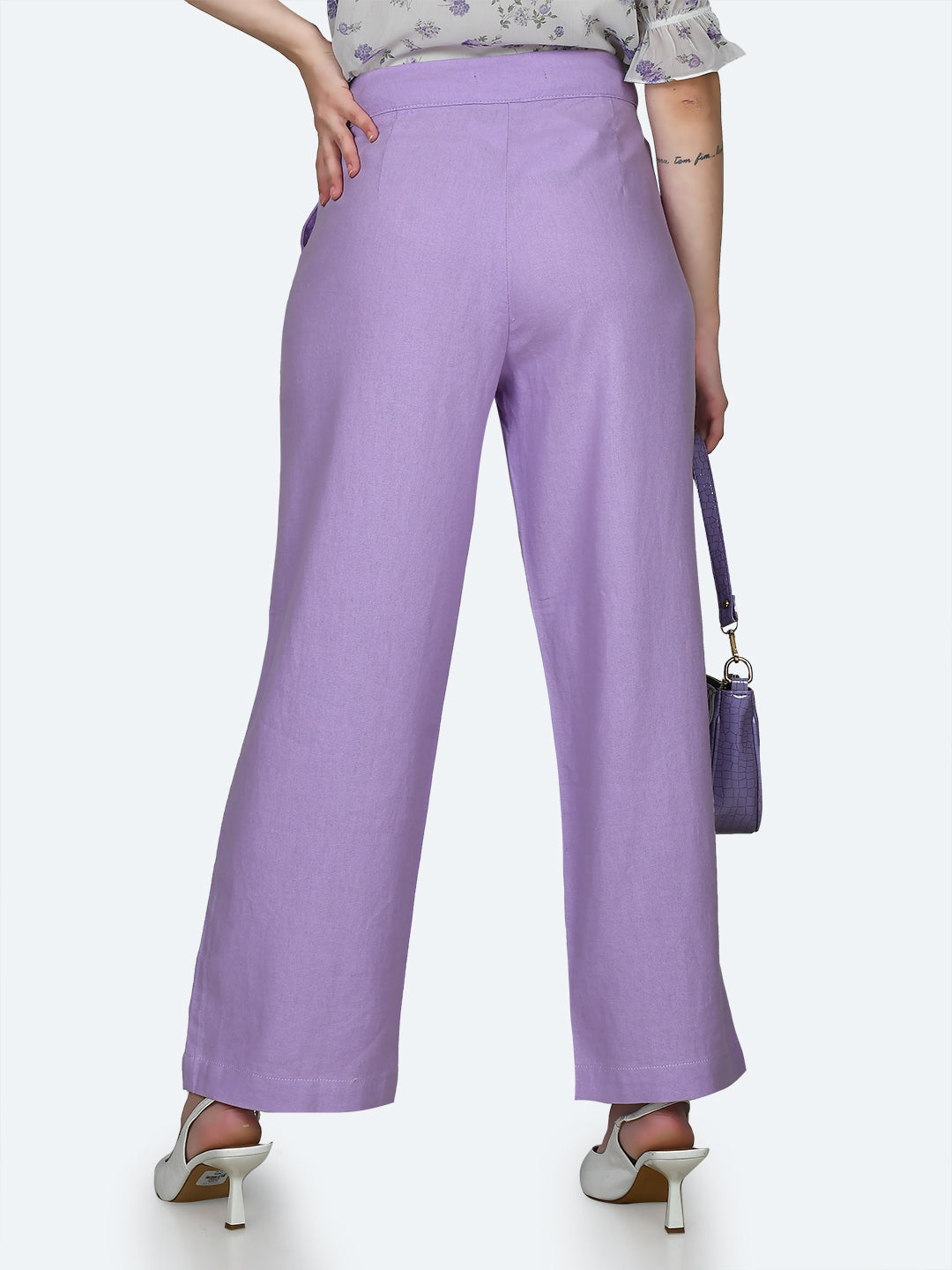 Purple Solid Wide Leg Trousers