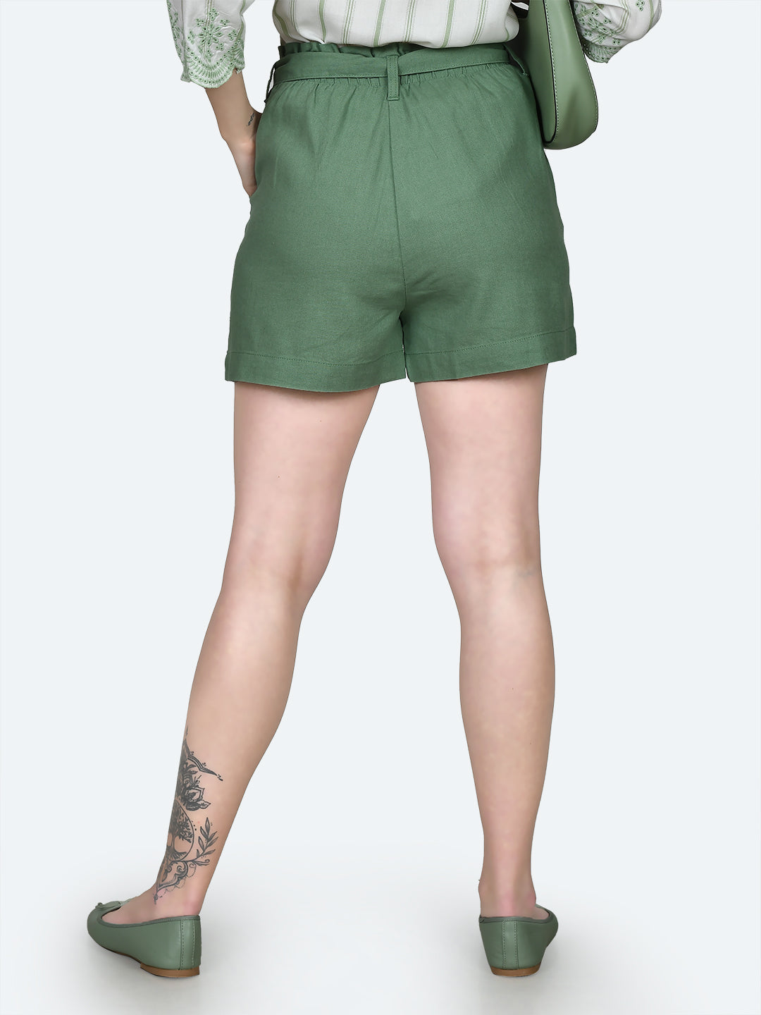 Green Solid Tie-Up Shorts