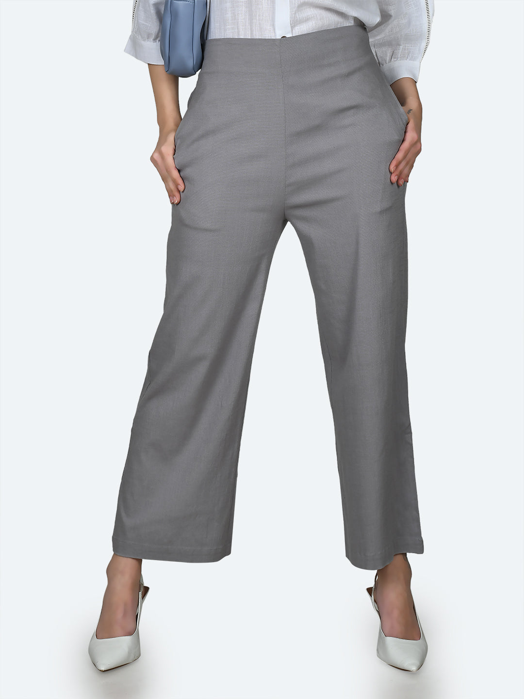 Grey Solid Wide Leg Trousers For Women