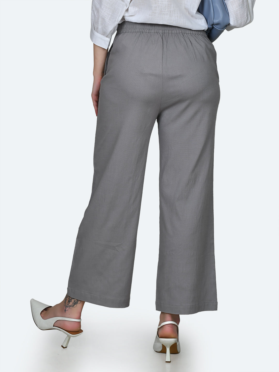 Grey Solid Wide Leg Trousers For Women