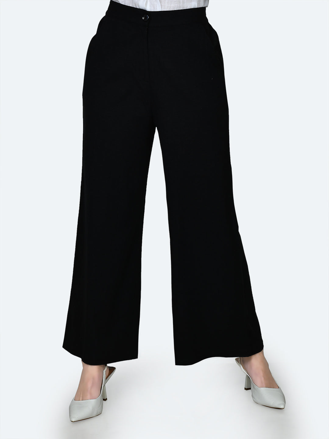 Black Solid Wide Leg Trousers For Women