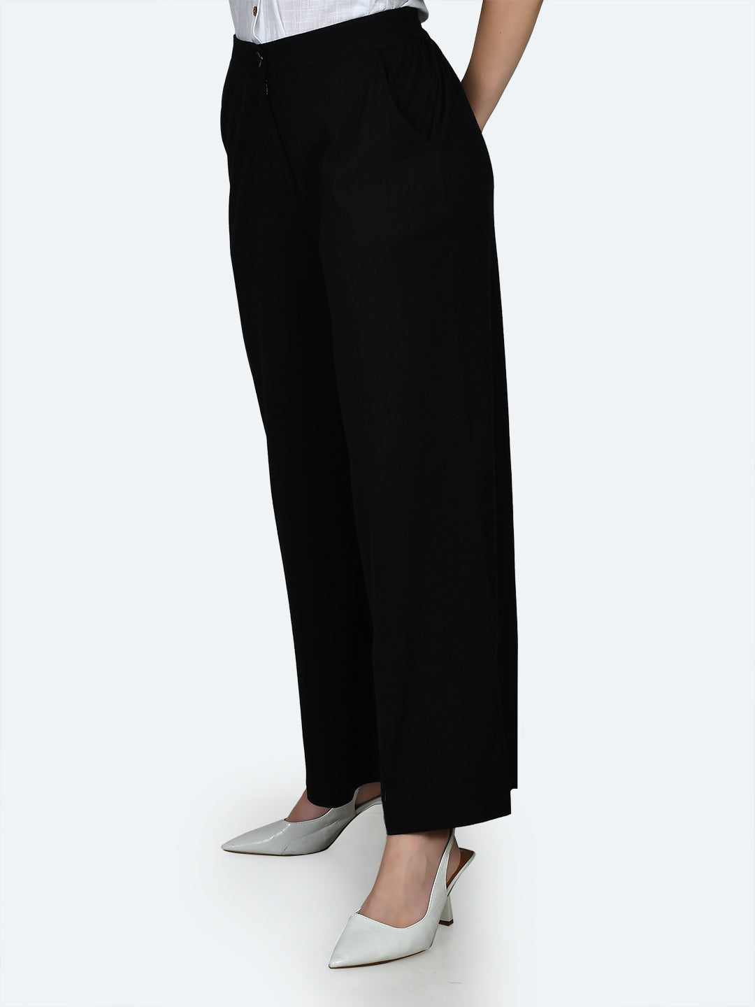 Black Solid Wide Leg Trousers For Women