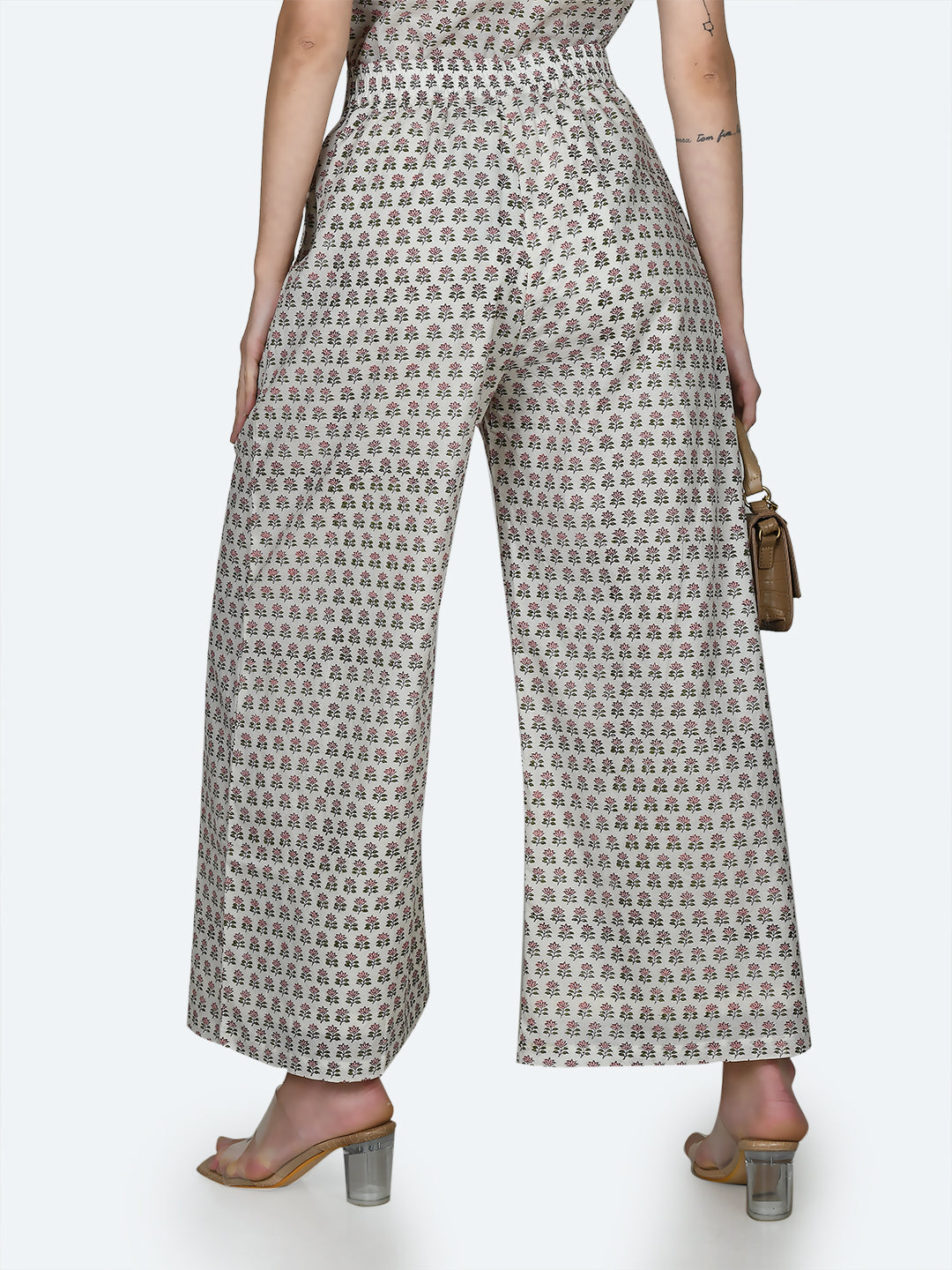 White Floral Print Trousers For Women