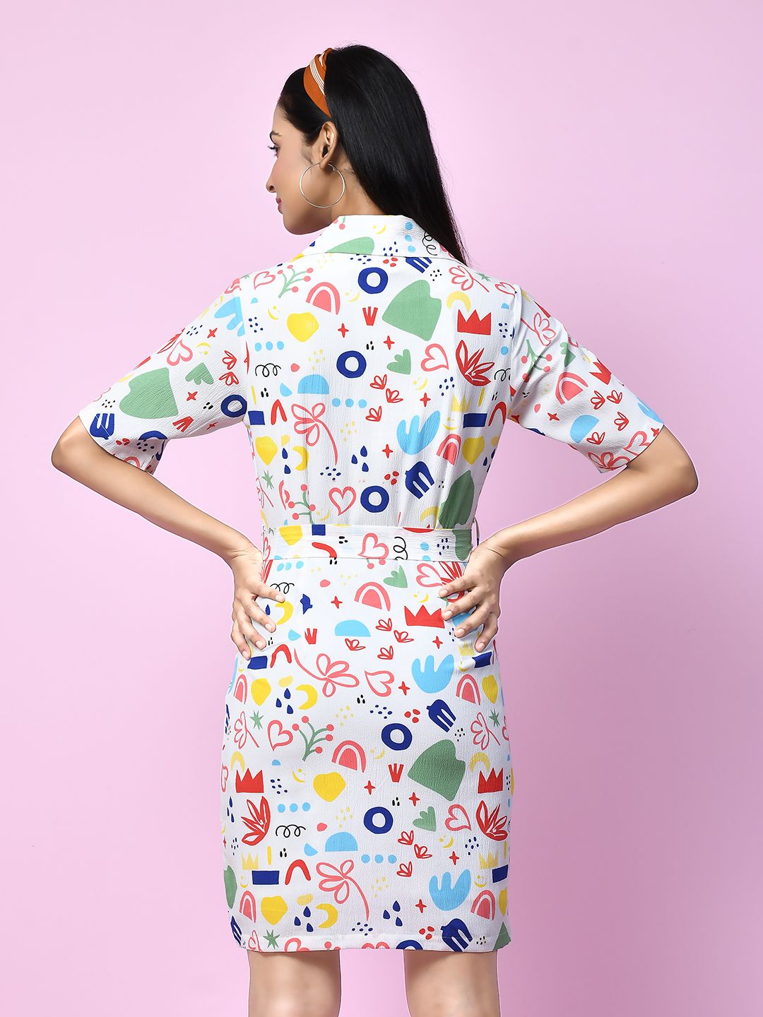 Zink London Women's White Quirky Prints Shirt-Styled Short Dress - D06000 - 4