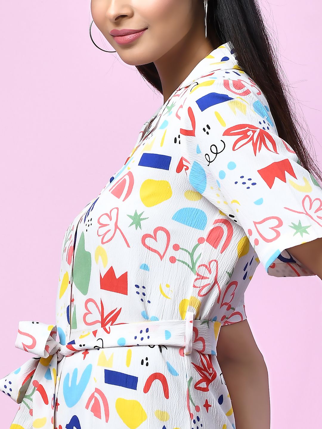 Zink London Women's White Quirky Prints Shirt-Styled Short Dress - D06000 - 6